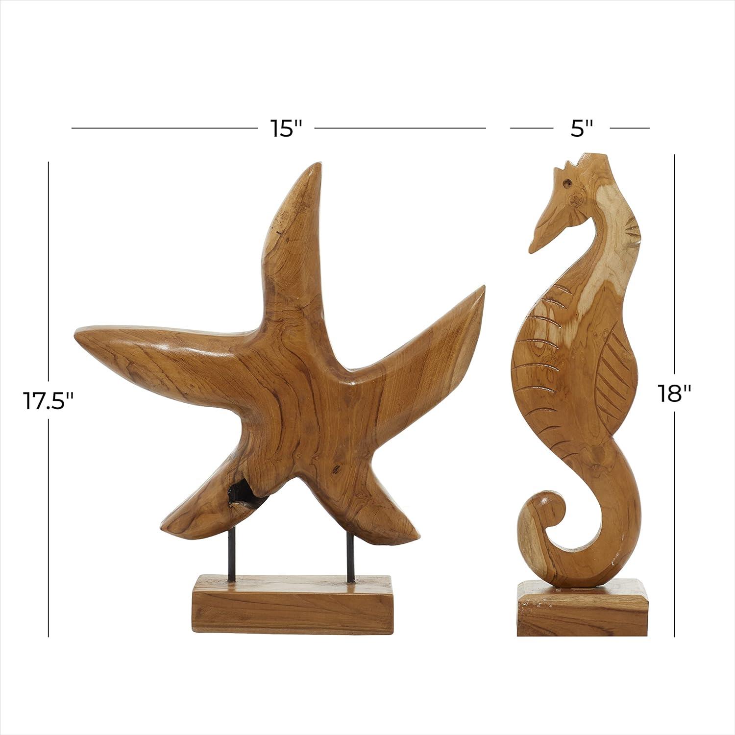 17", 18"H Brown Teak Wood Handmade Carved Sea Horse Sculpture with Starfish, by DecMode (2 Count)