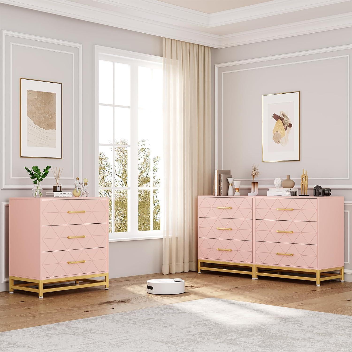 Pink 3-Drawer Wood Dresser with Gold Handles