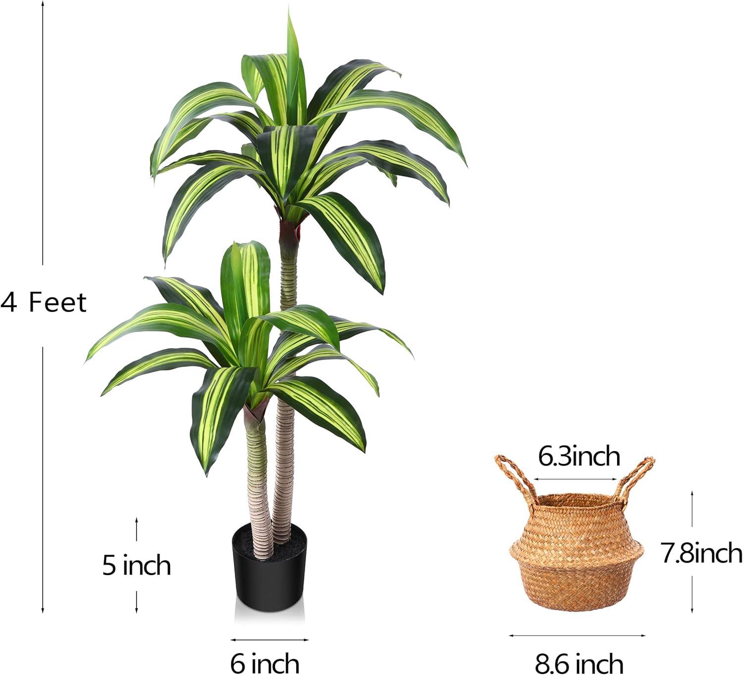 4 Ft Green Dracaena Artificial Plant with Seagrass Basket