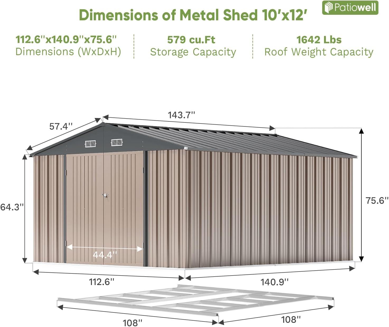 10' x 12' Brown Metal Outdoor Storage Shed with Floor Frame