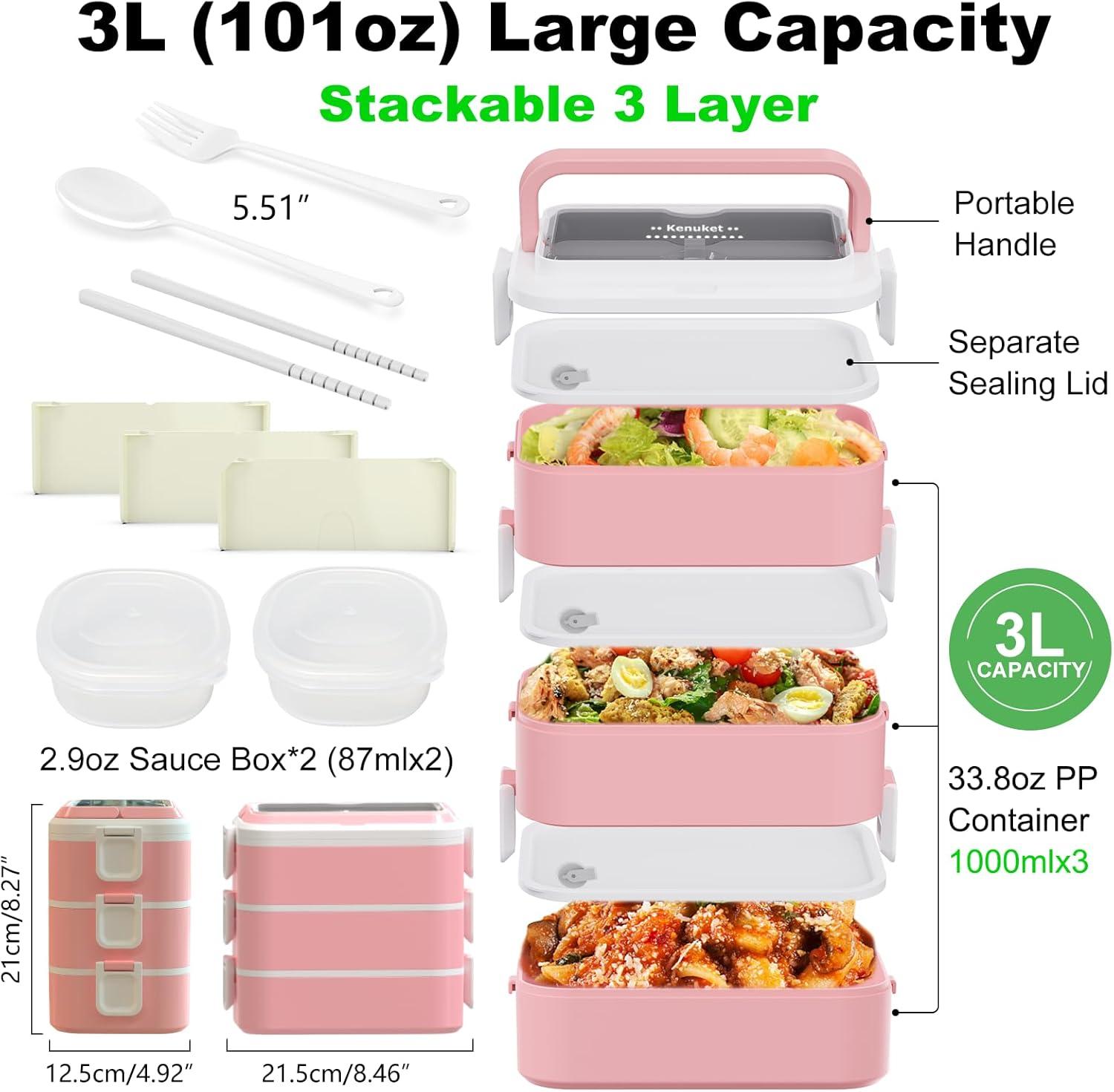 Stackable Bento Box Adult Lunch Box, 3000ML Large Capacity On-the-Go 3 Layers, Leakproof Microwave Safe Lunch Containers with Utensil Set, Dividers, Sauce Boxes for Kids and Adults
