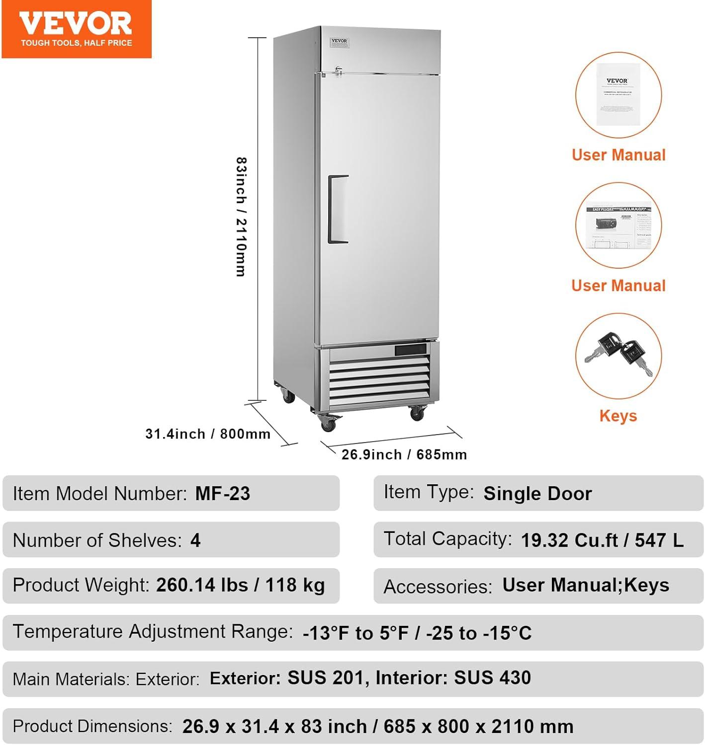 VEVOR 19.32 Cubic Feet Reach-In Freezer - 26.9''