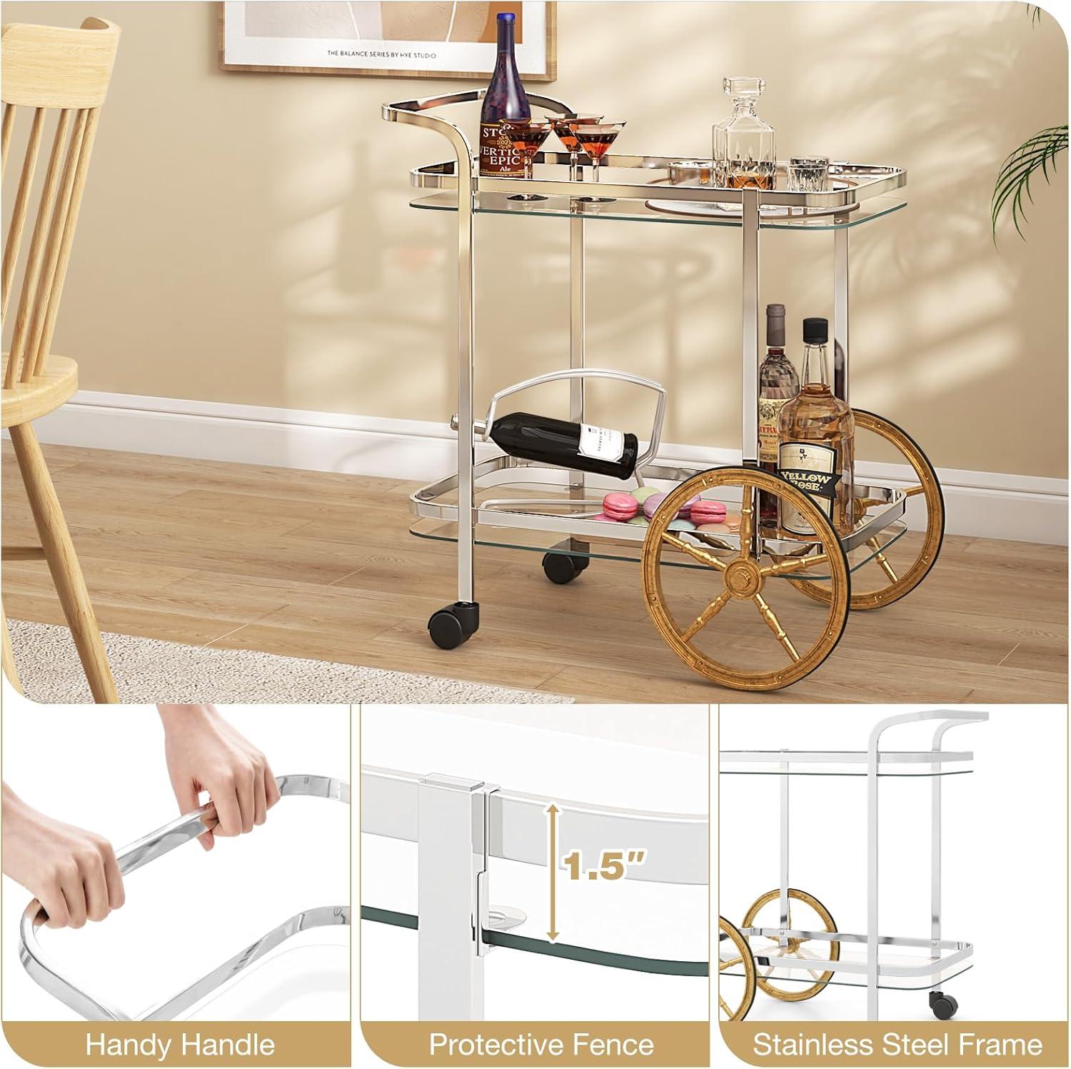 Modern Stainless Steel and Glass 2-Tier Bar Cart with Gold Wheels