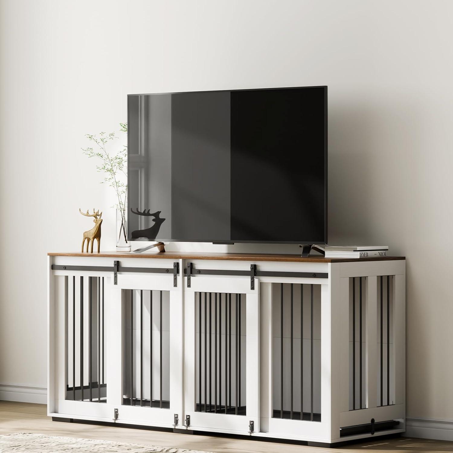 VEVOR 72"Dog Crate Furniture for 2 Dogs,Double Dog Crate Furniture with Double Sliding Doors,Large Dog Crate TV Stand with Removable Tray,Steel Frame Double Dog Crate for Small,Medium,Large Dogs White