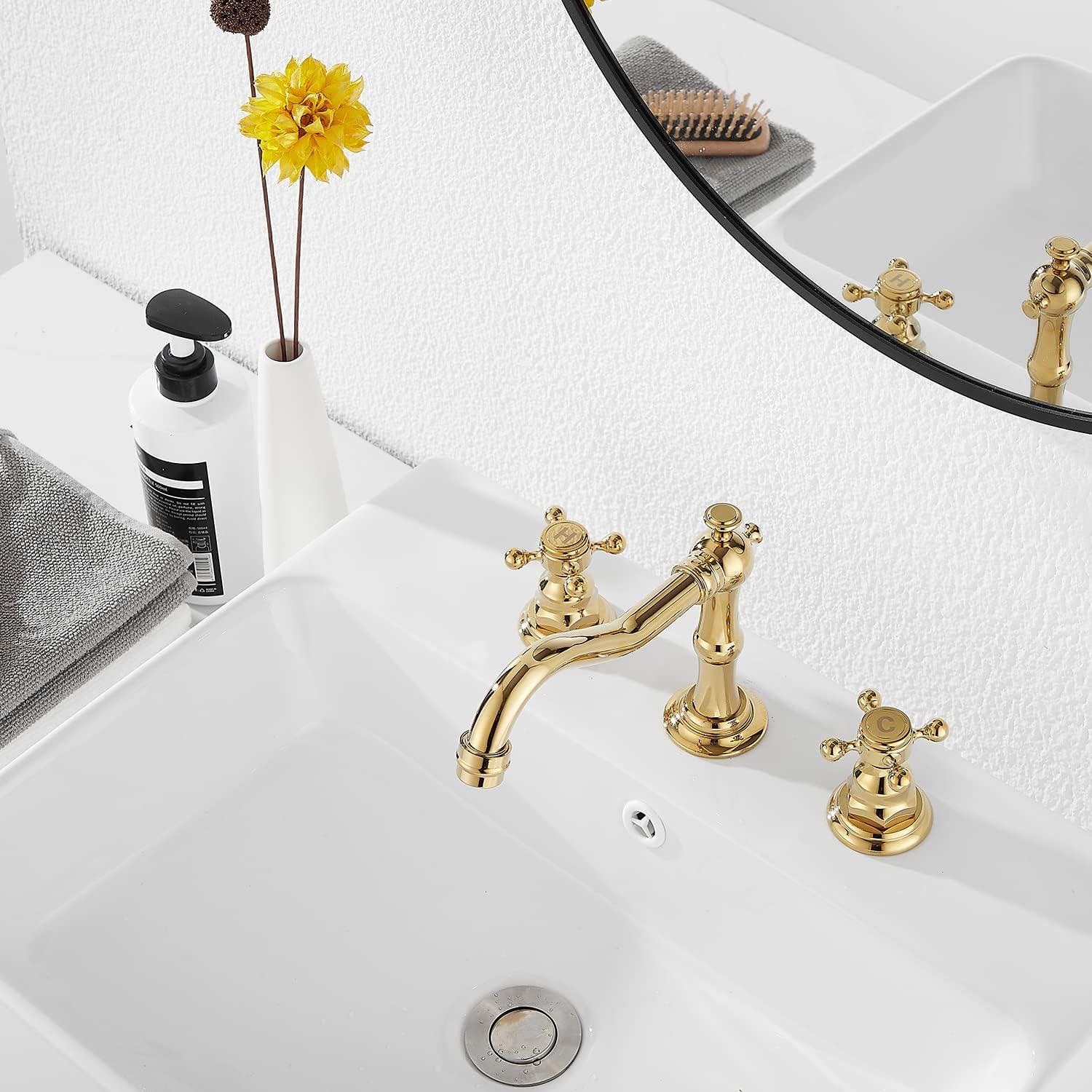 GGStudy 8-16 inch Two Handles 3 Holes Widespread Bathroom Sink Faucet Gold Basin Mixer Tap Faucet Matching Metal Pop Up Drain with Overflow