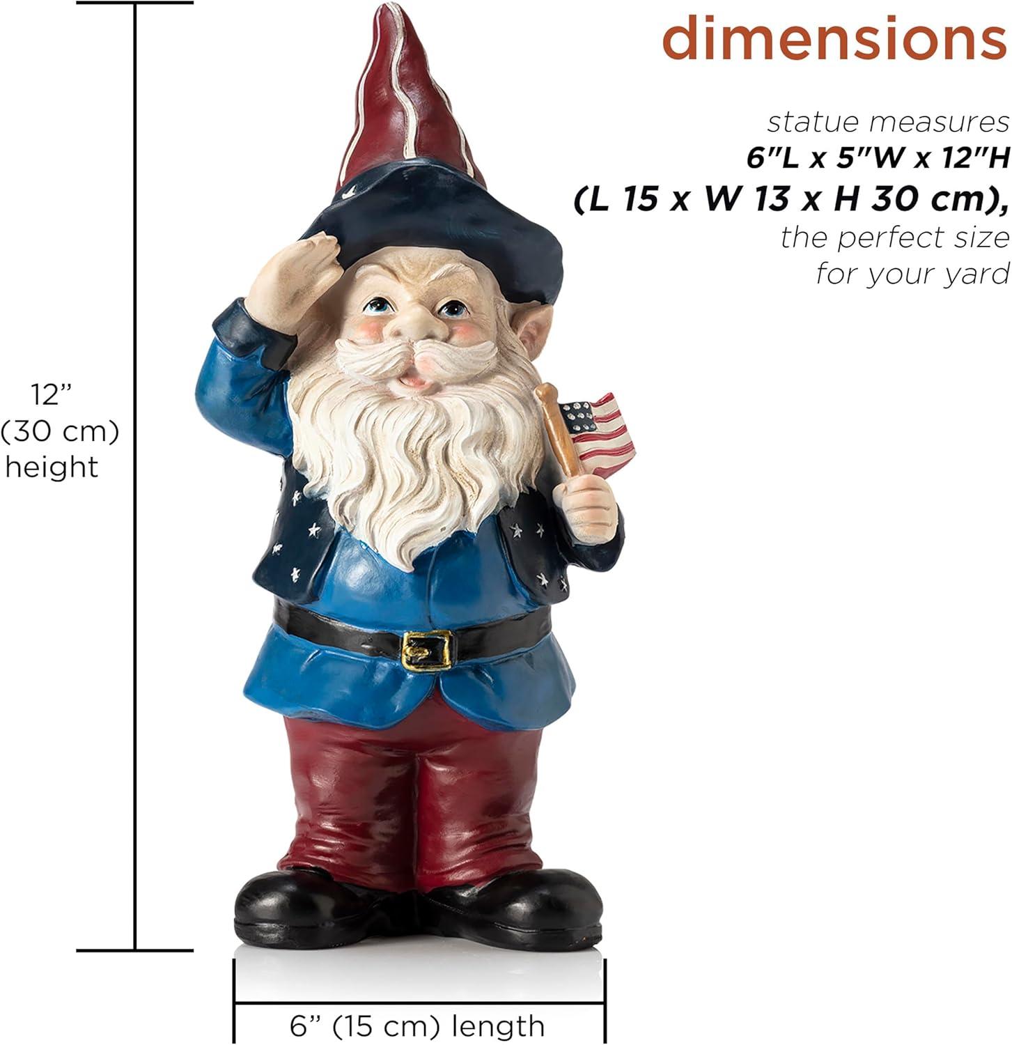 Alpine Corporation 12" Tall Outdoor Patriotic Garden Gnome Saluting Yard Statue Decoration C27