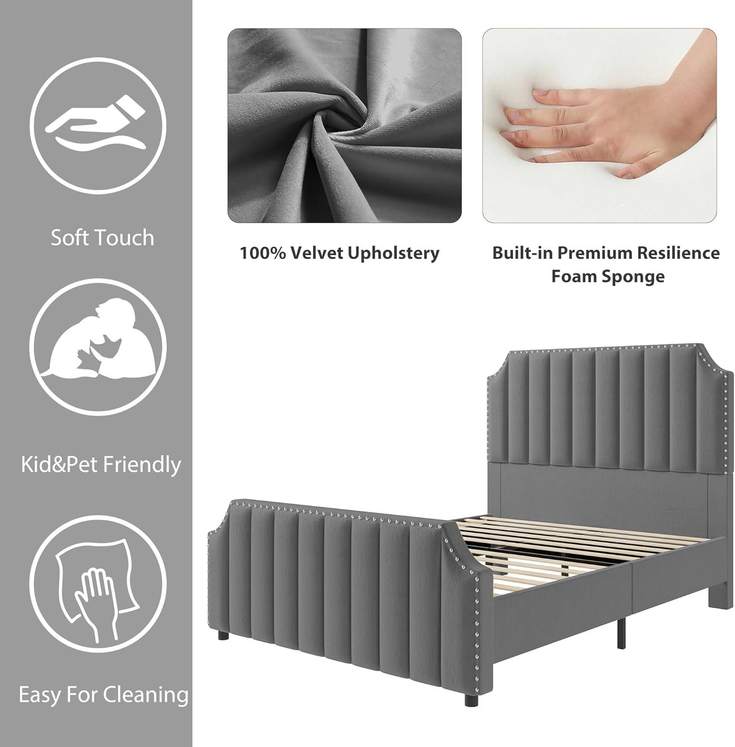 Queen Size Platform Bed Frame with 50.2" Headboard, Velvet Upholstered Bed Frame Queen with Vertical Channel Tufted Headboard & Footboard,Light Gray