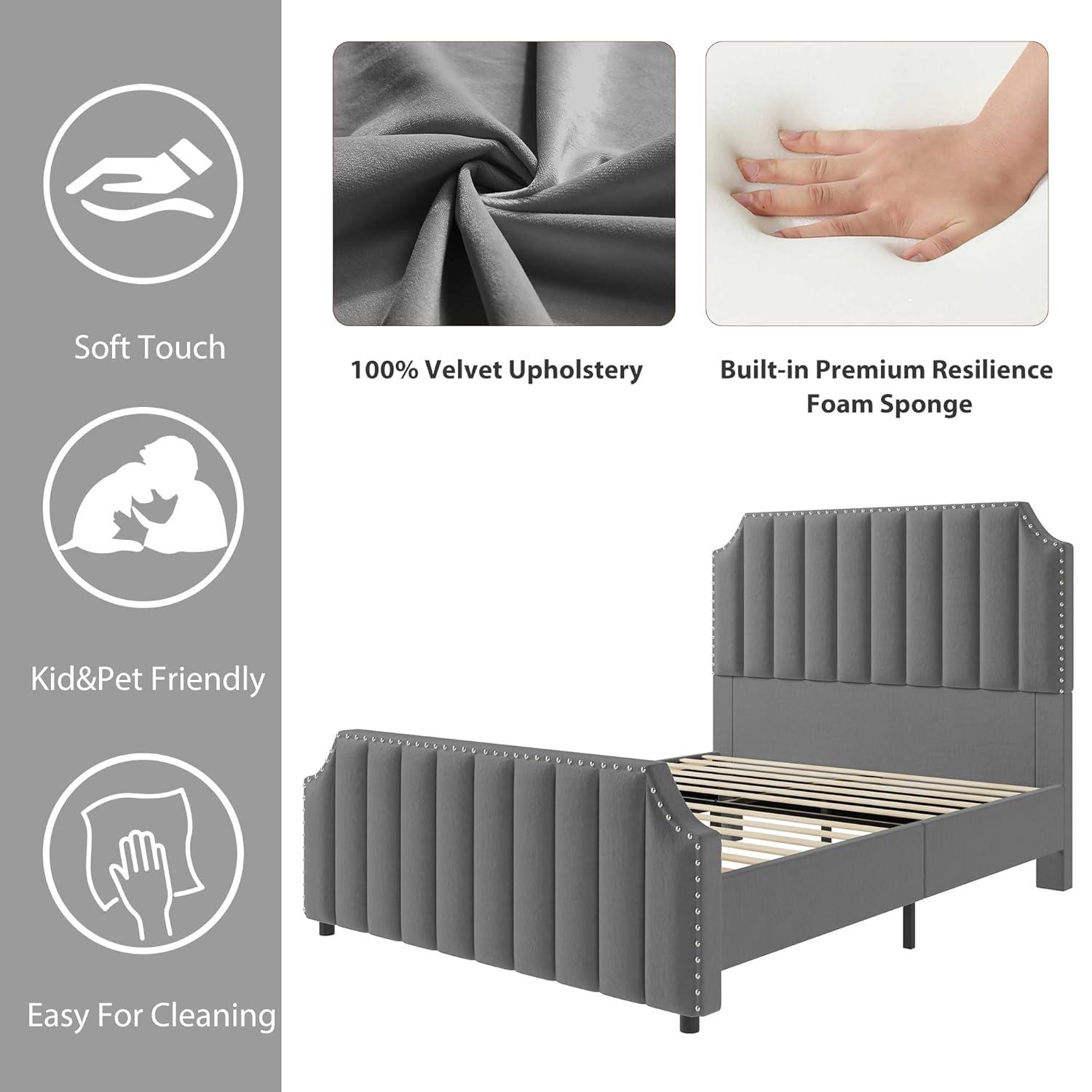 Garvee Queen Velvet Bed Frame, 50.2" Upholstered Headboard, Footboard with Nailhead Trim, No Box Spring Needed, Solid Wood Slats, Noise Free, Beige