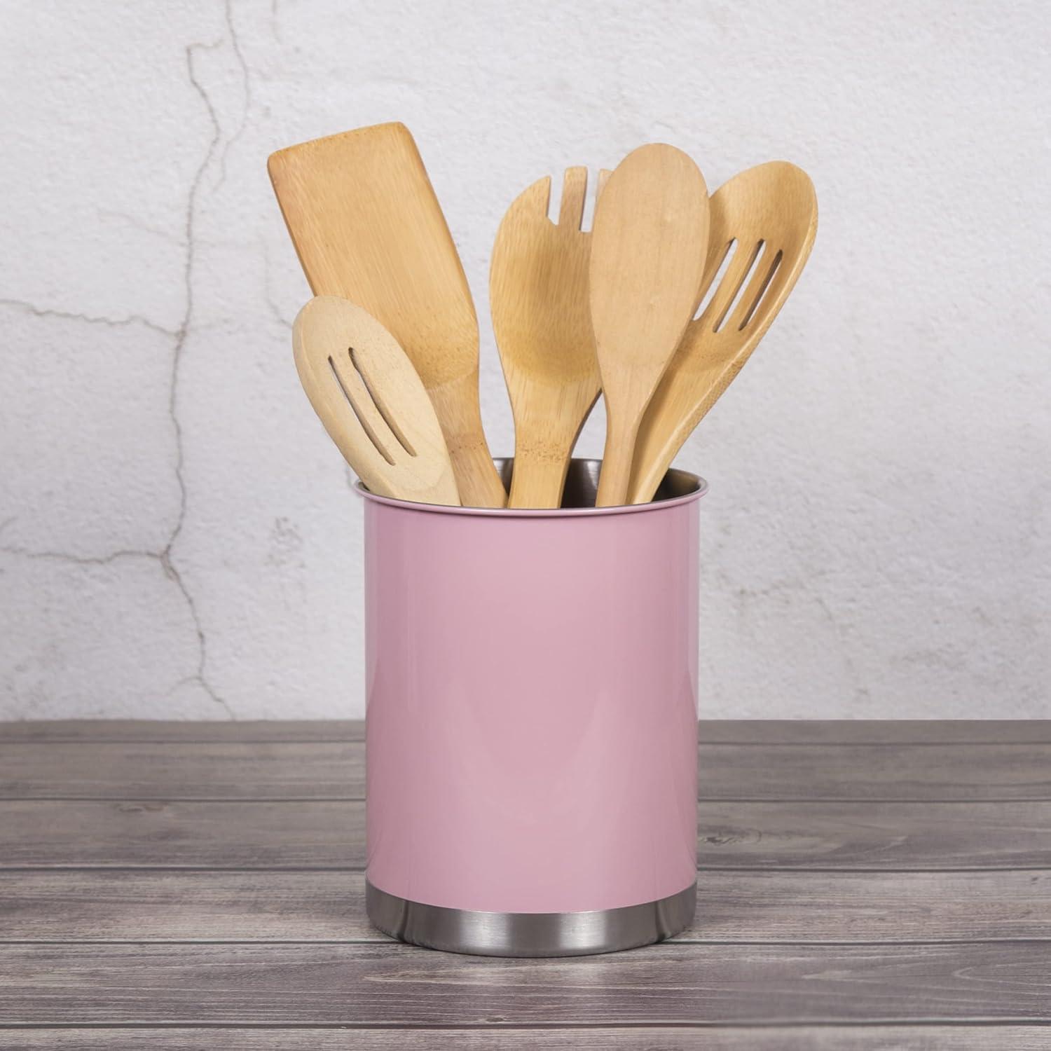 Creative Home Heavy Gauge Stainless Steel Tool Crock Utensil Flatware Holder, Large, 5" Diam. x 6-1/4" H, Pink