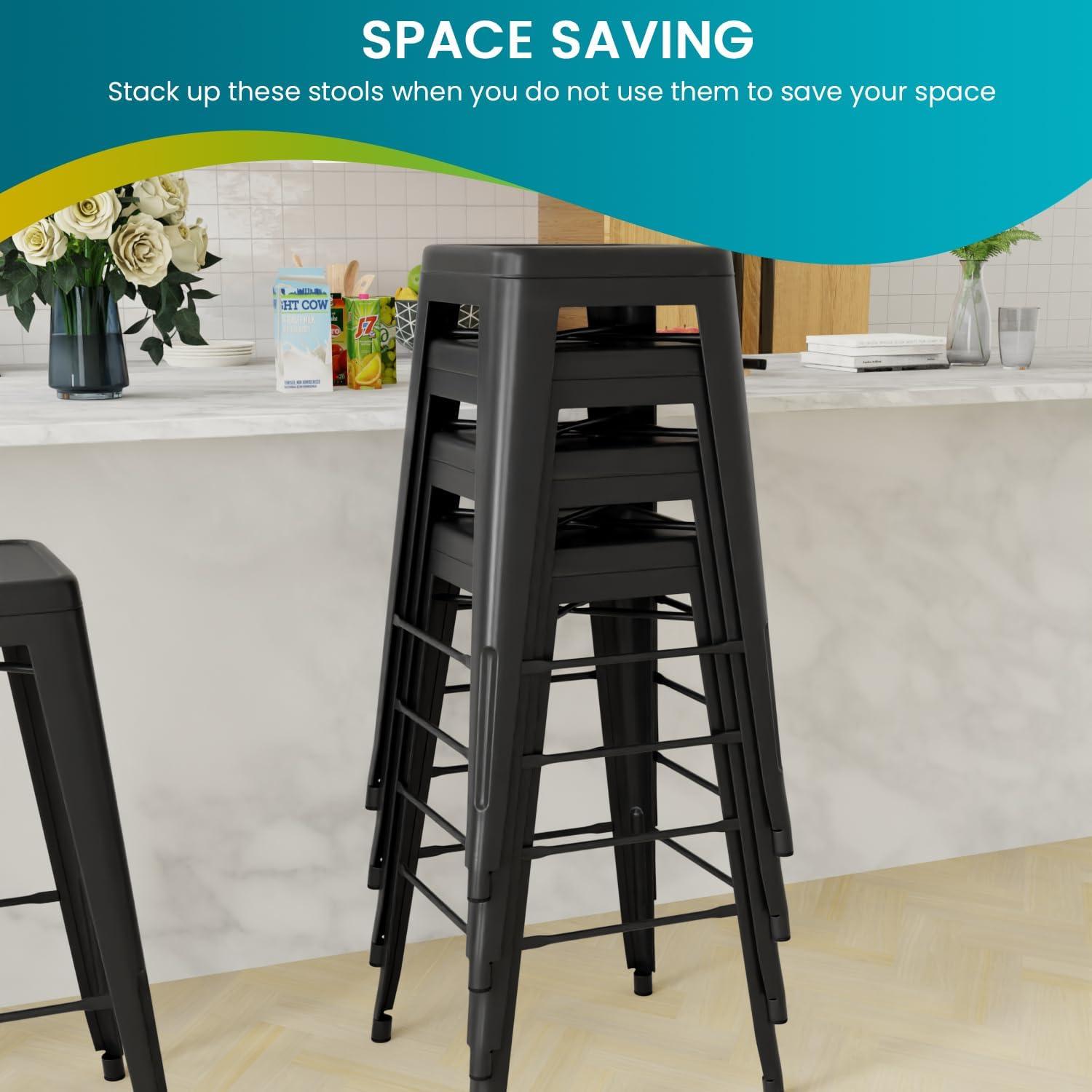 Dkelincs Upgrade Stackable Metal Bar Stools - Set of 4 Counter Height Barstools for Indoor/Outdoor Use - Backless Bar Chairs with Footrest (Black, 30")