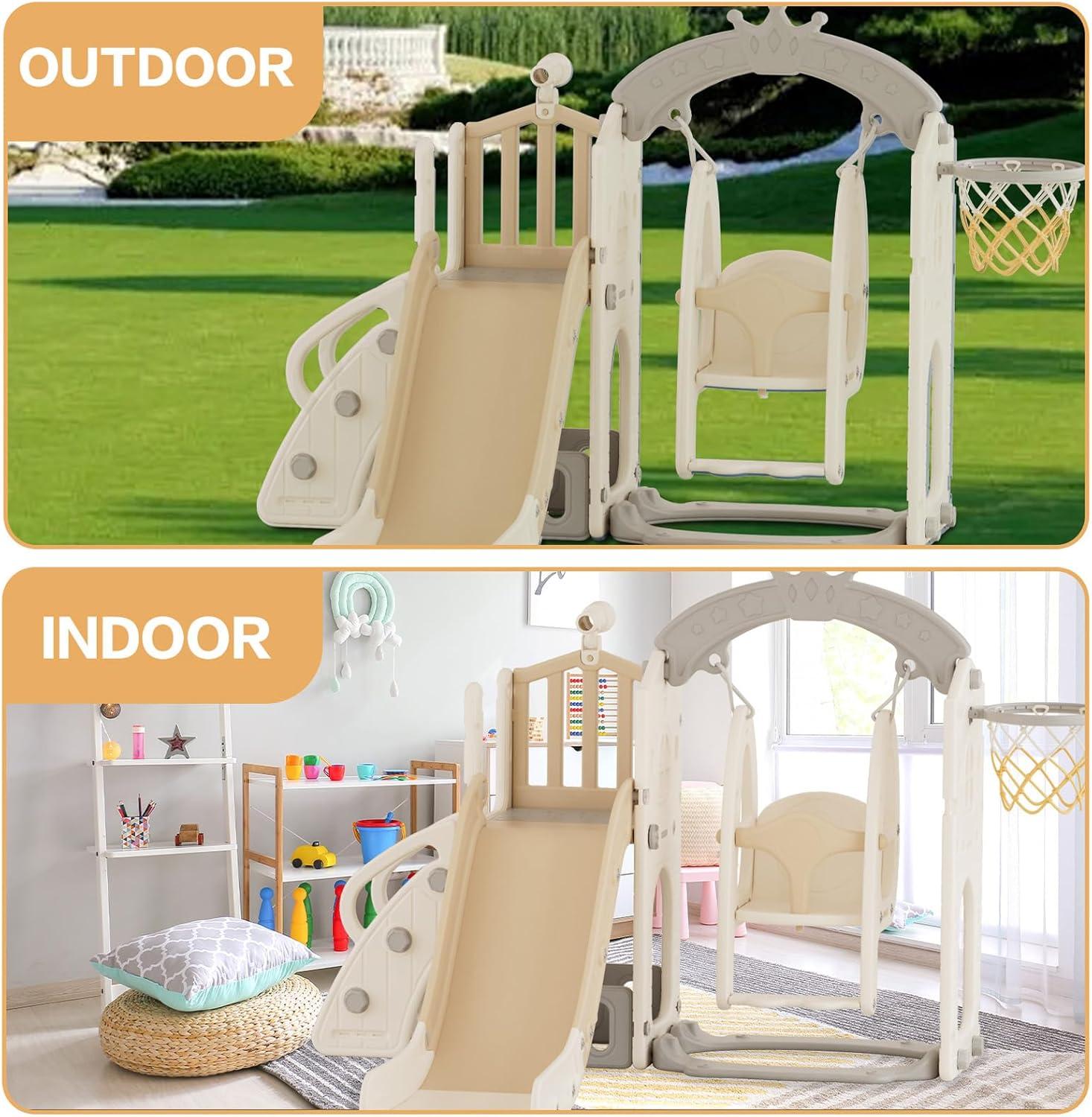 XJD 6 in 1 Toddler Slide and Swing Set, Kid Slide for Toddlers Age 1-3, Baby Slide with Basketball Hoop, Indoor Outdoor Slide Toddler Playset Toddler Playground, Beige