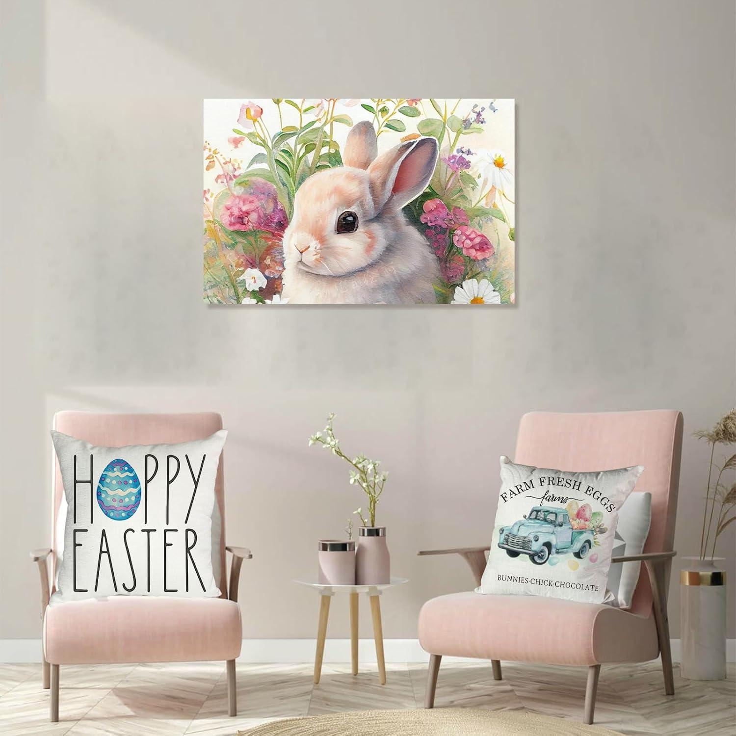 Easter Bunny and Floral Cotton Linen Pillow Covers Set