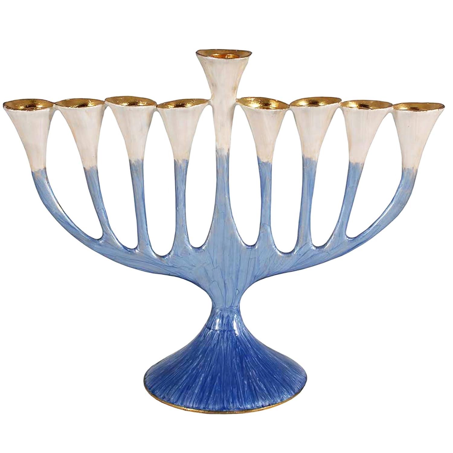 Artistic Floral Hanukkah Menorah - Trumpet Flower Hanukkiah Enamel Plated Painted in Blue and Gold - fits Standard Chanukah Candles - Comes in a Gift Box Collectible Candle Menorahs by Zion Judaica