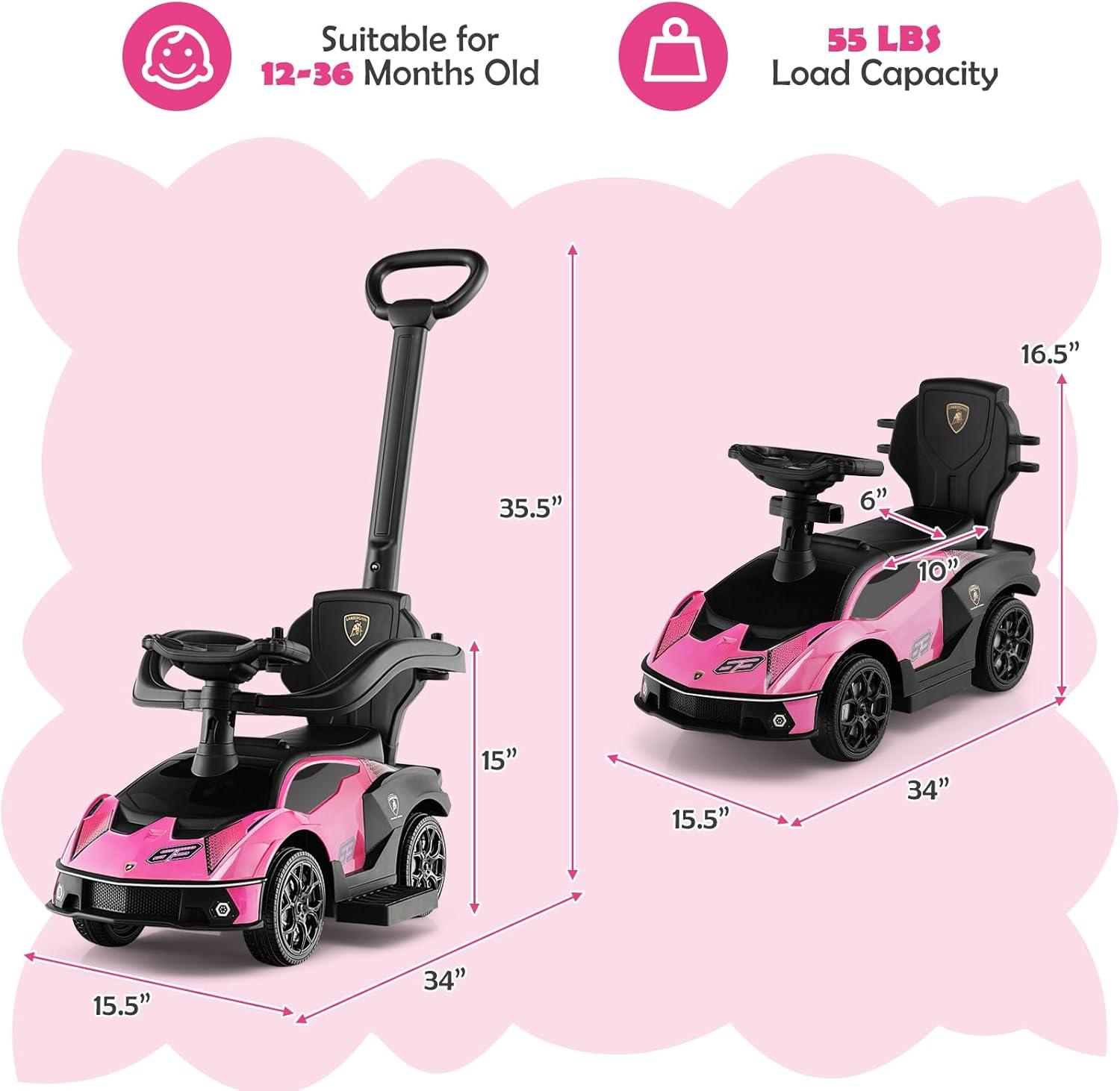 Costway 3-in-1 Licensed Lamborghini Ride on Push Car Stroller Sliding Car w/ Sound Pink