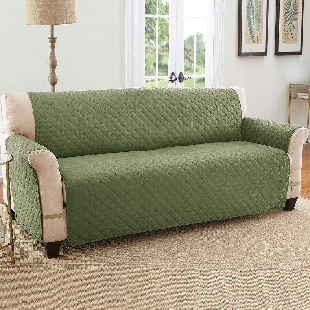 Collections Etc Reversible Spill Resistant Quilted Furniture Protector Cover with Ties - Covers Seat Bottom, Seat Back and 2 Seat Arms, Olive/Sage, Sofa