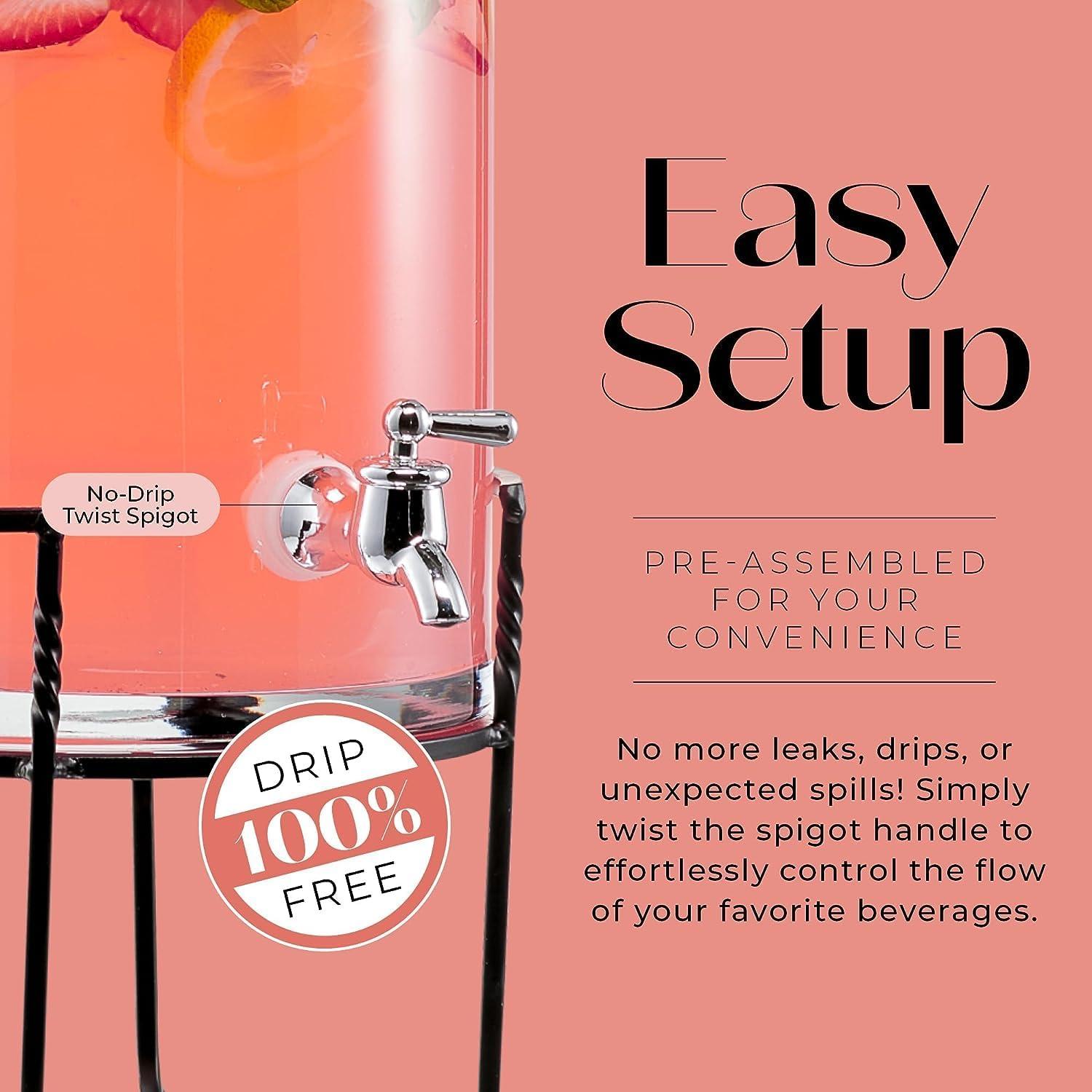 Clear Glass Beverage Dispenser with Metal Stand and Lid, 2.5 Gallons
