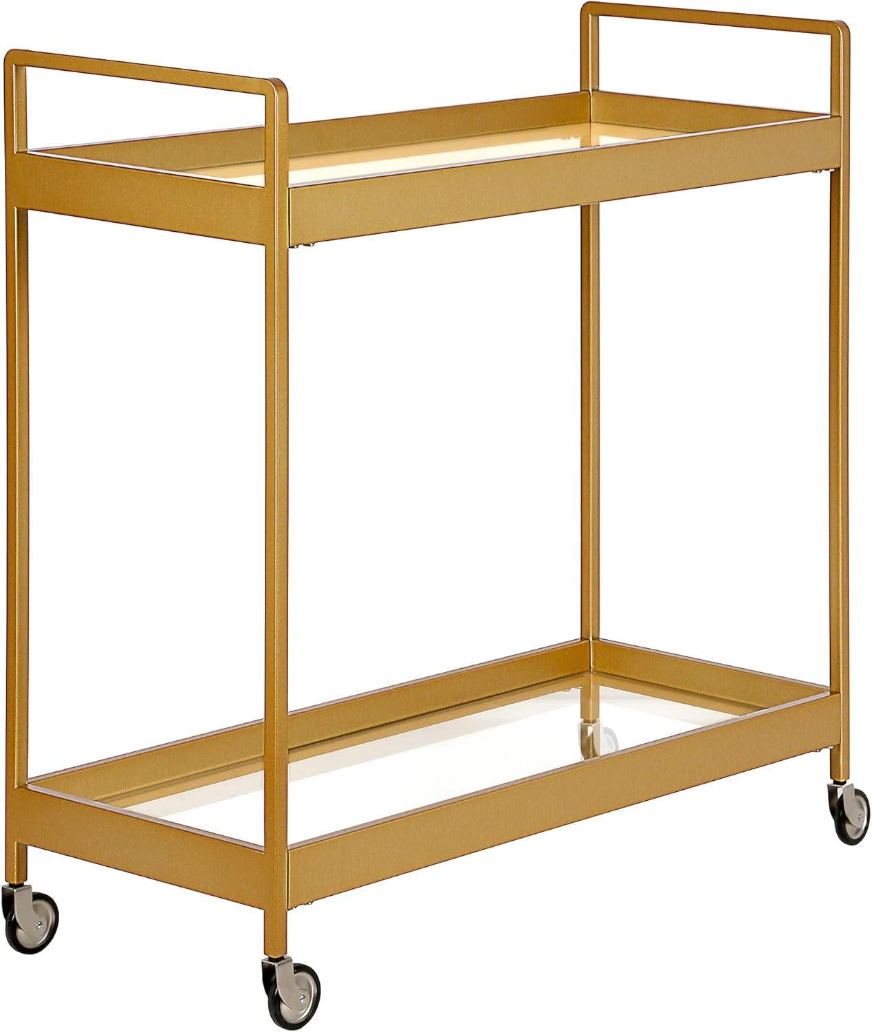 Glamourous Brass Finish Rectangular Bar Cart with Glass Shelves