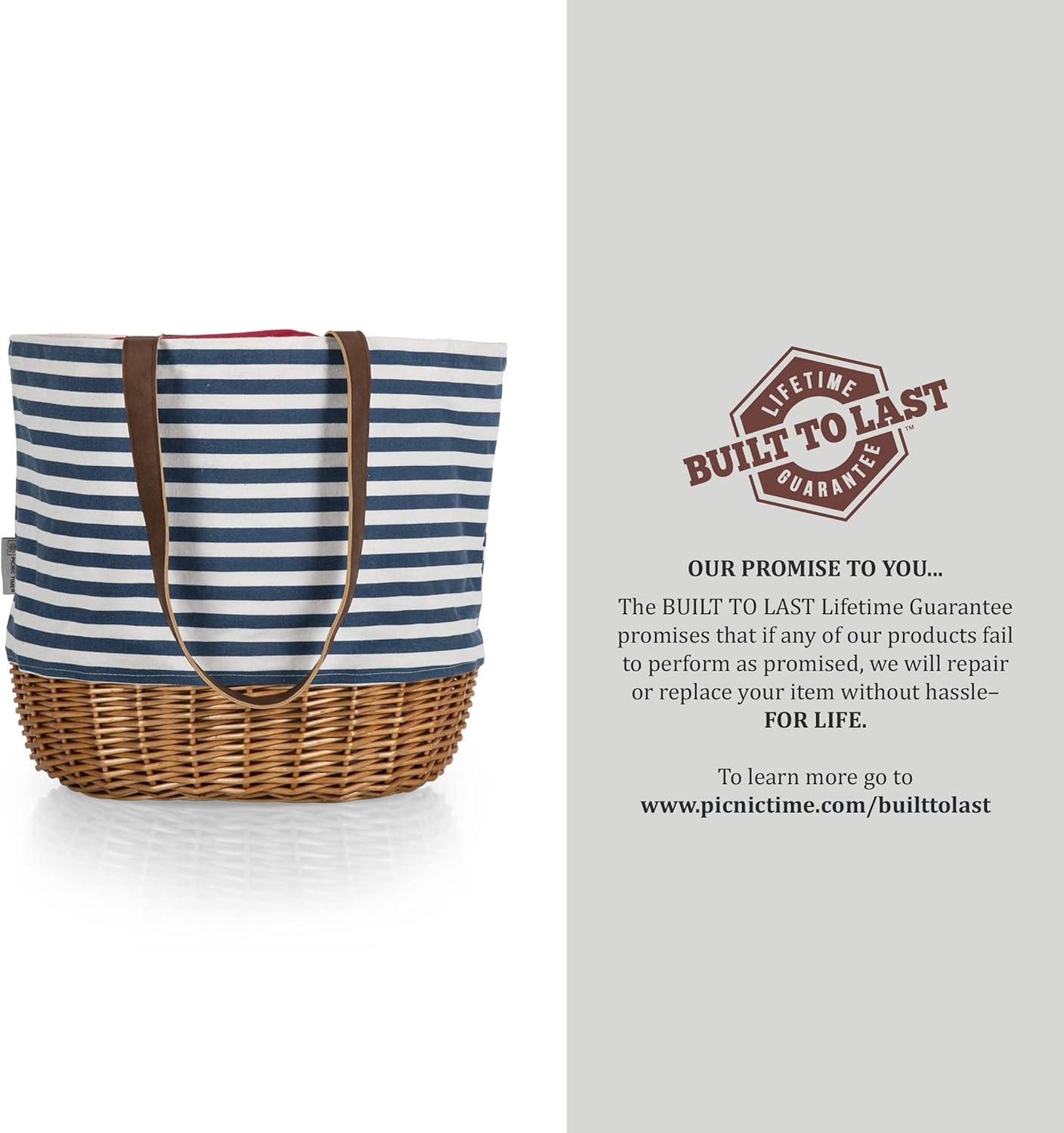 Picnic Time Coronado Canvas and Willow Basket Tote with Navy Blue and White Stripe
