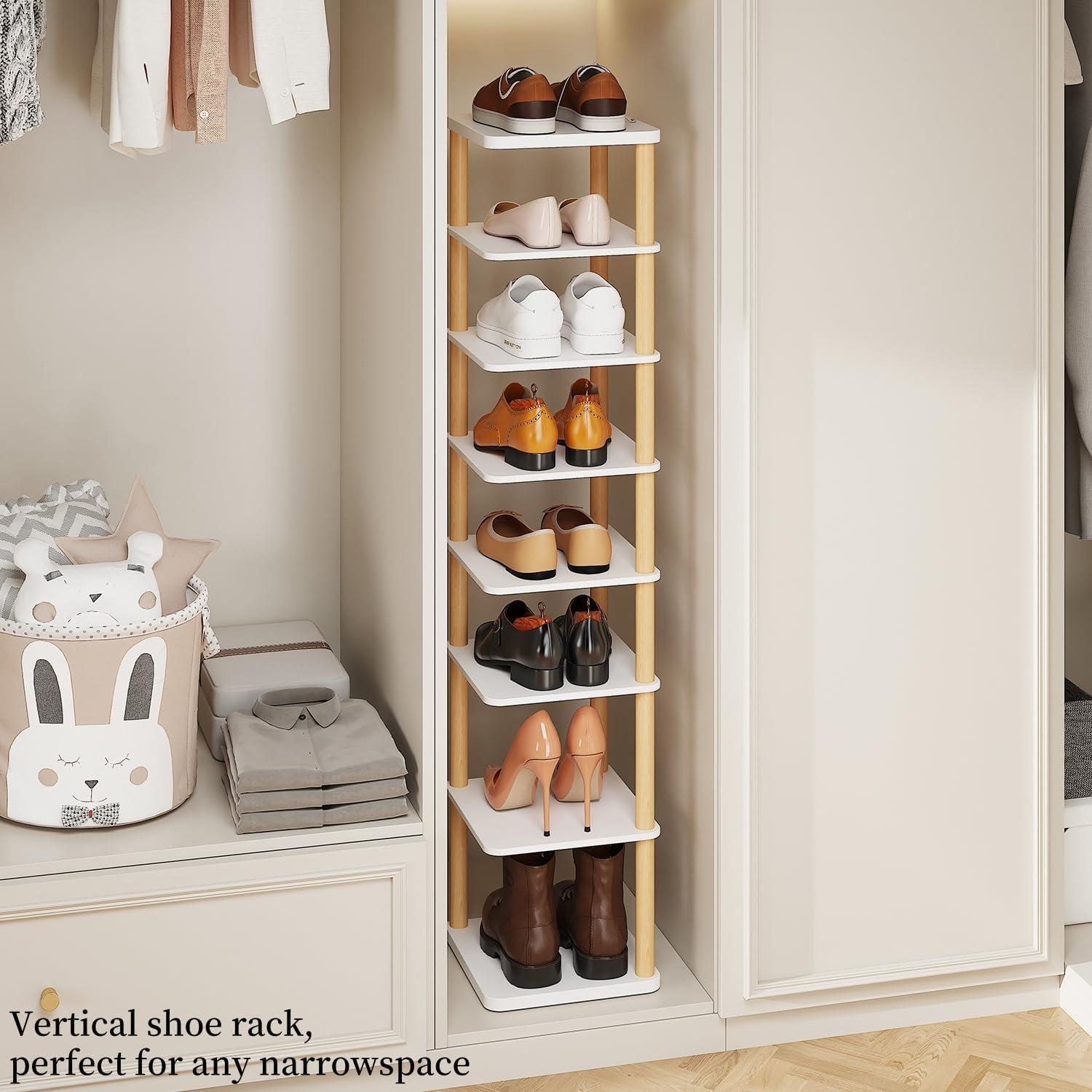 LUCKNOCK Vertical Shoe Rack, 8-Tier Tall Narrow Shoe Organizer for Entryway, Closet, Dorm & Small Spaces, Freestanding White Wooden Shoe Shelf Tower for Boots, Sneakers, Heels.