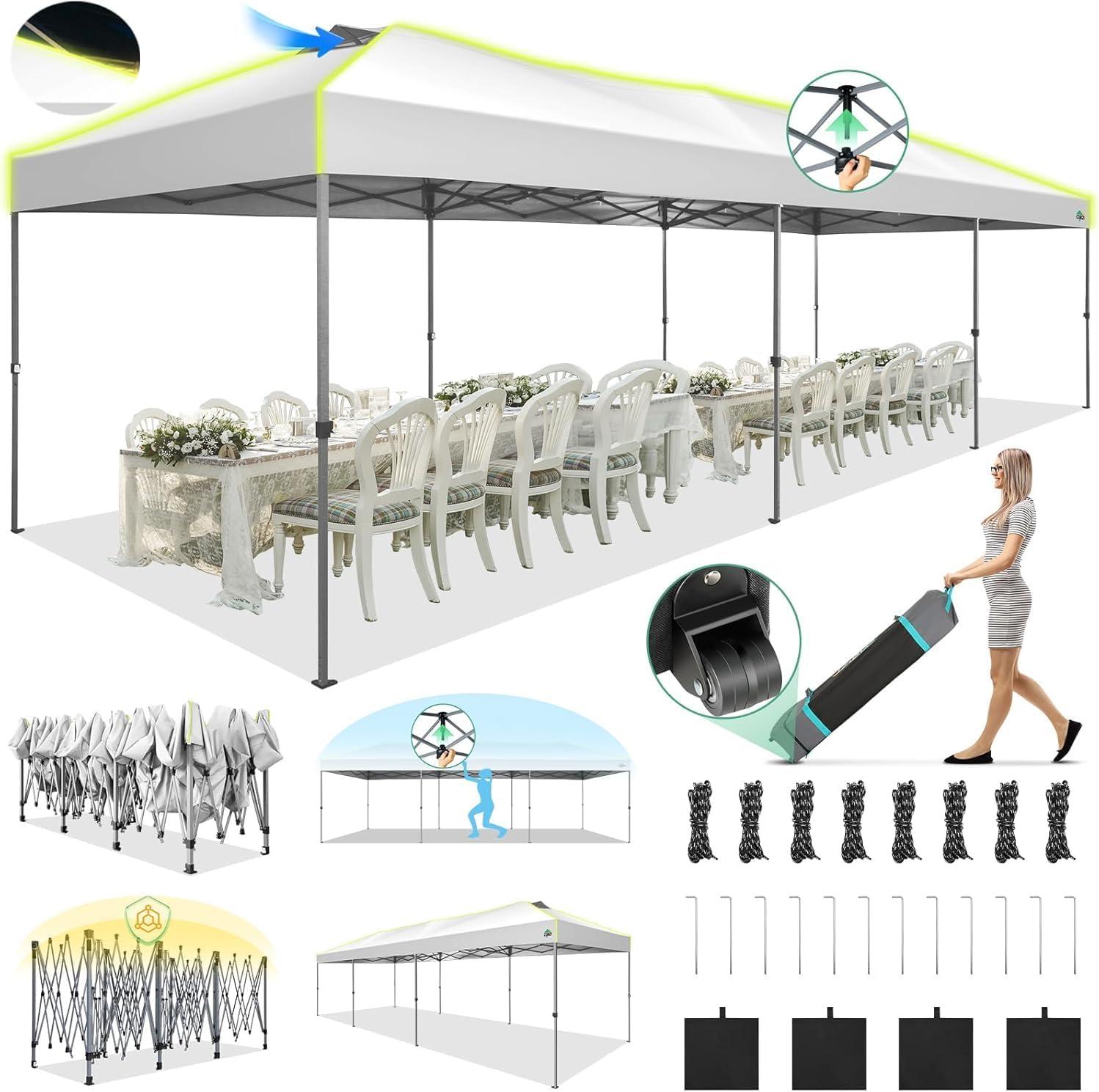 TOOLUCK 10'Wx30'D Pop Up Canopy, One Push Setup Glow Party Tent