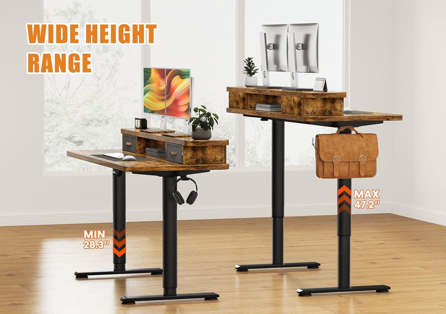 Rustic Brown Adjustable Height Standing Desk with Drawers and Shelf