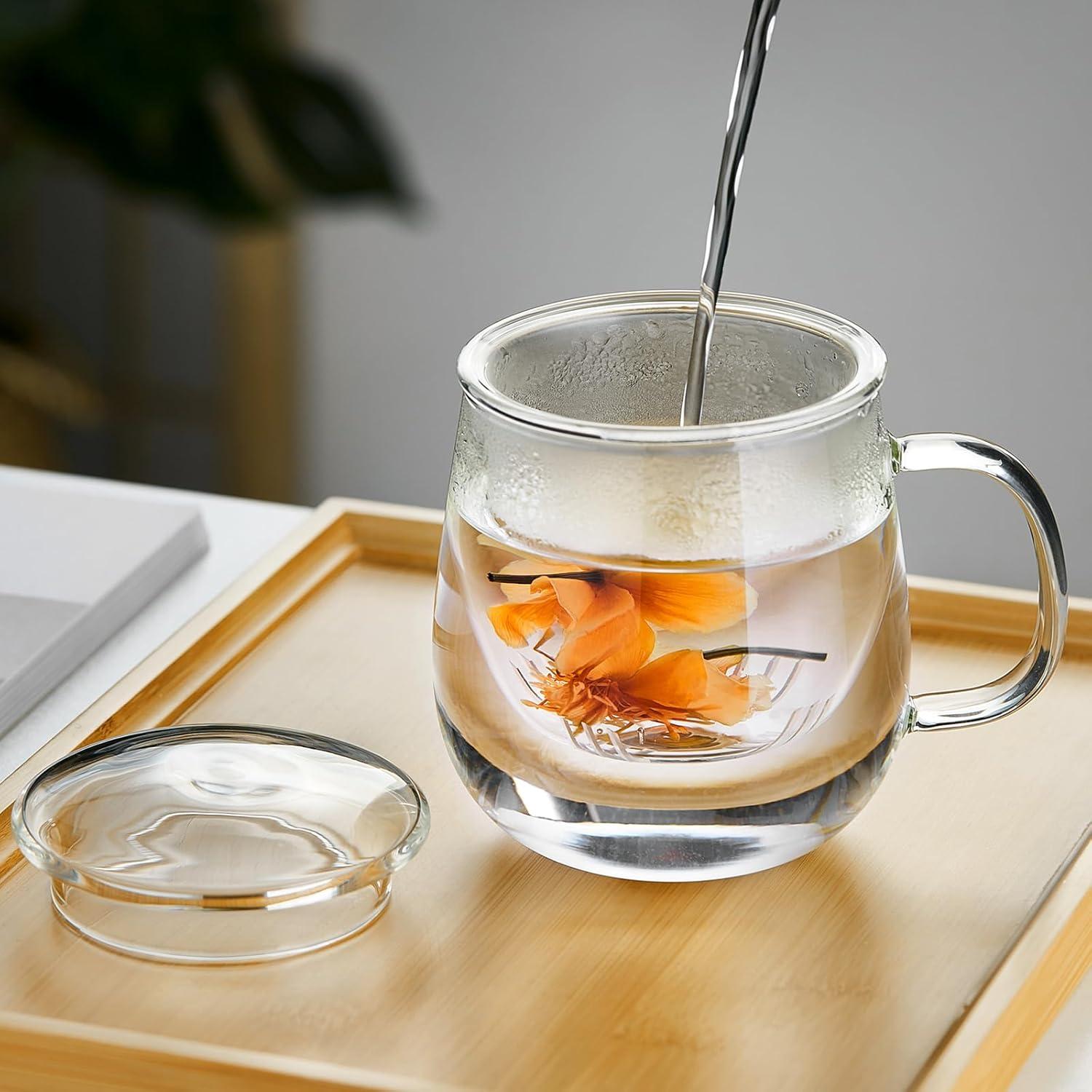 Large Clear Borosilicate Glass Tea Cup with Infuser and Lid, 17.6oz - For Loose Leaf Tea Enjoyment Teacup Mug