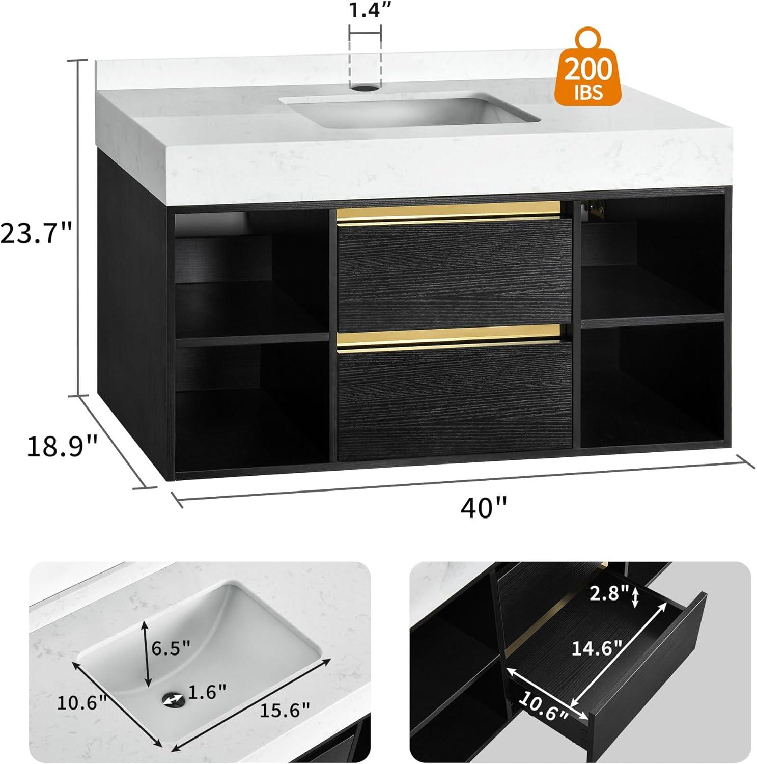 40-Inch Black Wall-Mounted Vanity with White Ceramic Sink and Storage