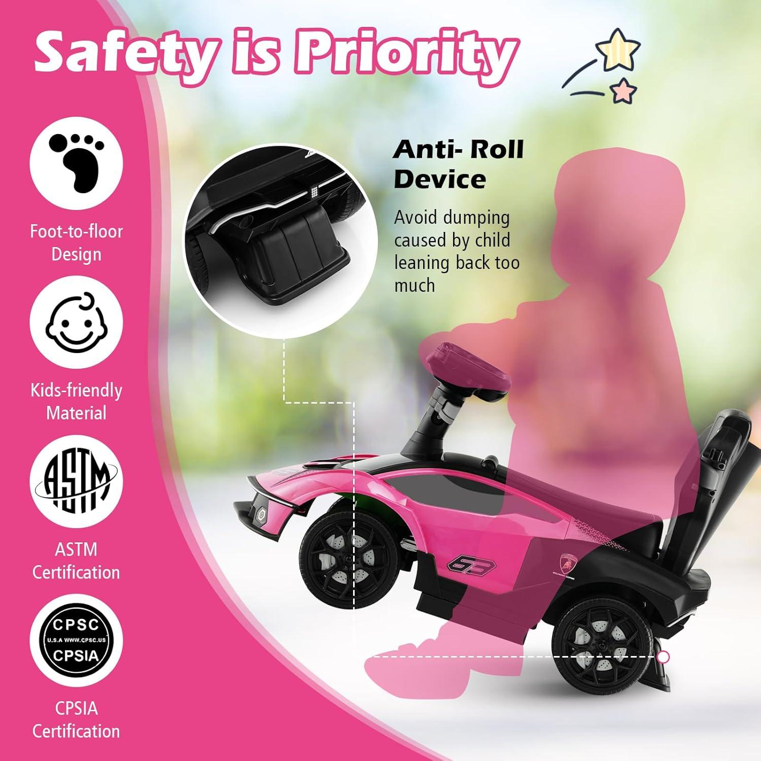 Costway 3-in-1 Licensed Lamborghini Ride on Push Car Stroller Sliding Car w/ Sound Pink