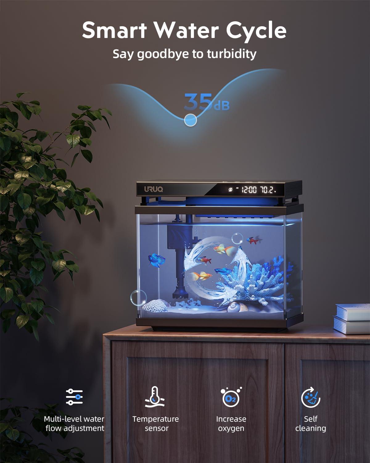 Latitude Run® Fish Tank Smart Aquarium Kit: 2 Gallon UHD Glass Silent Water Pump Self Cleaning Multi Layer Filtration System - Temperature Sensing 7-Color Lighting For Small Fish Betta Kids Room Desktop Decor