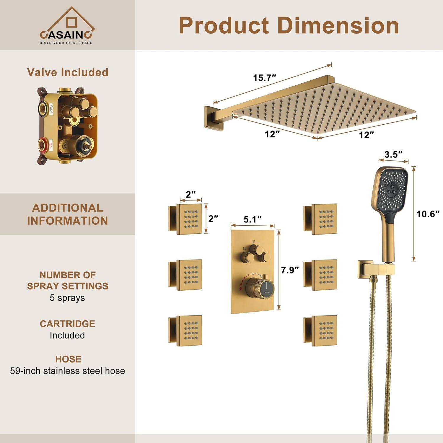 Revitalize 3-Function 12 Inch Wall Mount Rainfall Thermostatic Shower System with 6 Body Jets