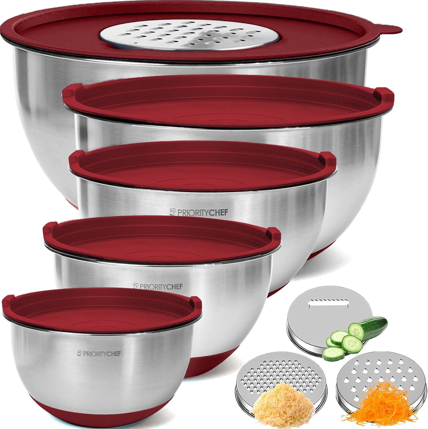 Mixing Bowls with Lids Set - Nesting Bowls with Airtight Lids + Graters - Stainless Steel Non-Slip Mixing Bowl for Baking, (Red, 5-Piece Set)