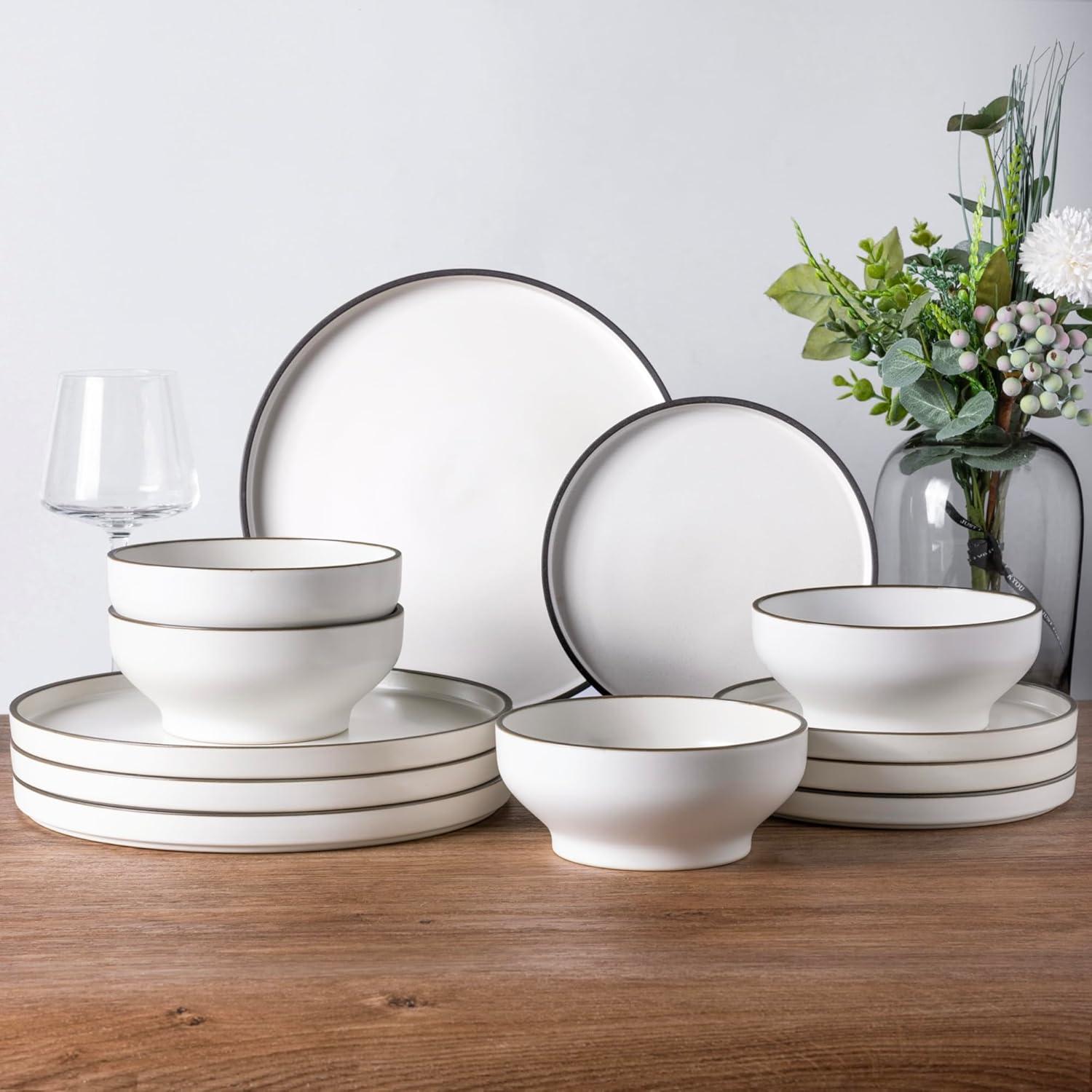 White Ceramic Dinnerware Set for 4 with High Edge Plates and Bowls