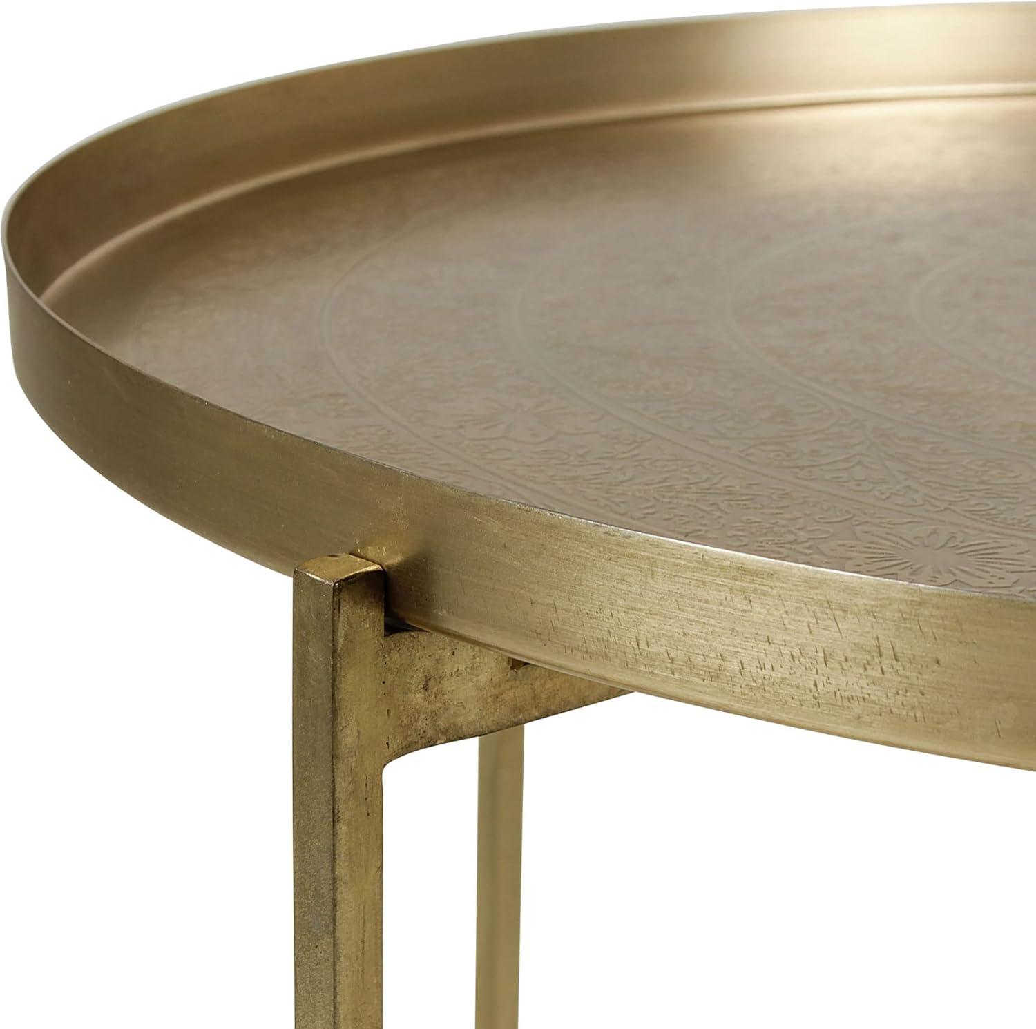 Eros Large Round Tray Top Collapsible Brass Coffee Table with Etched Flower Design by East at Main 29"Dia x 16"H