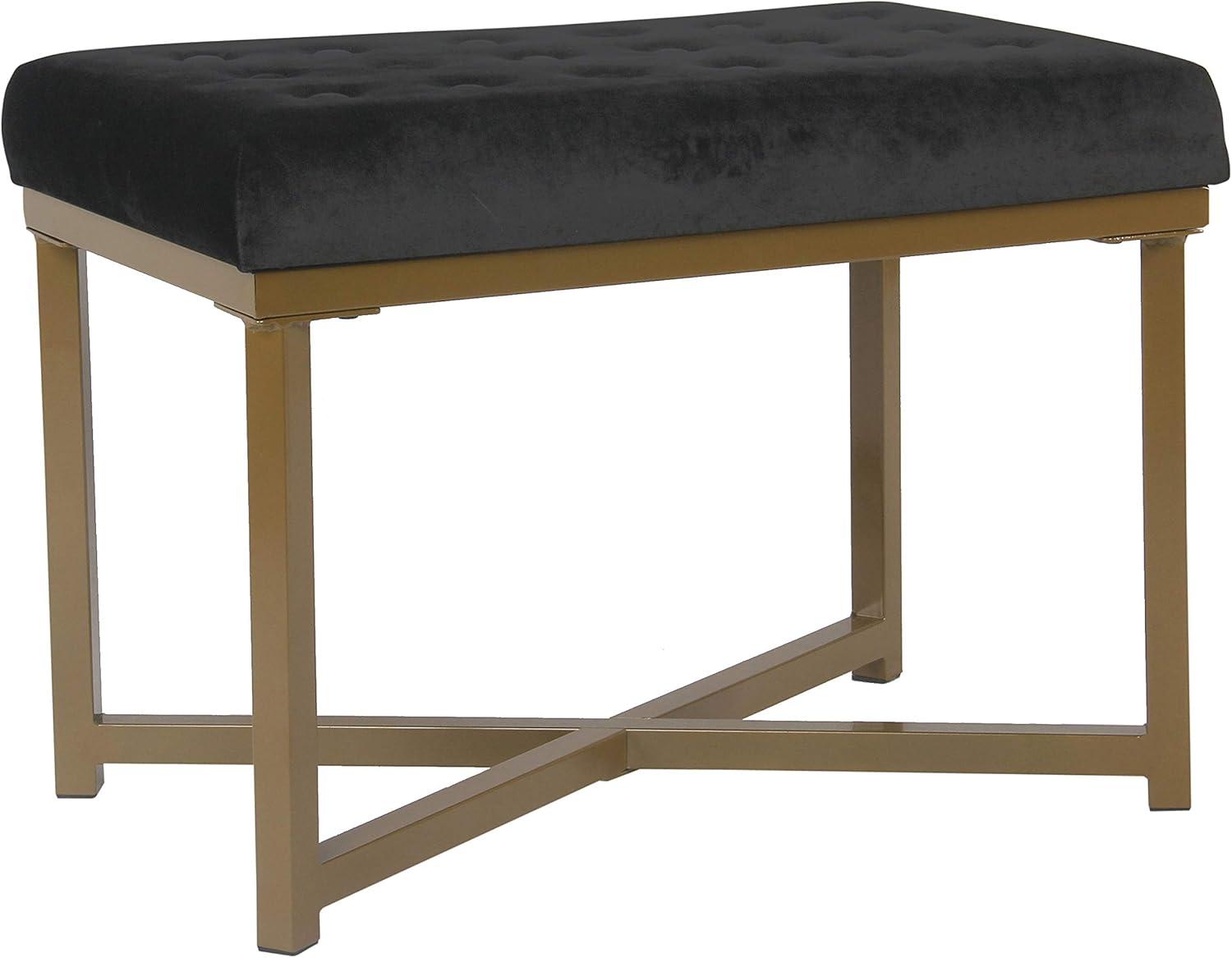 Black Tufted Velvet Ottoman with Gold Metal Base