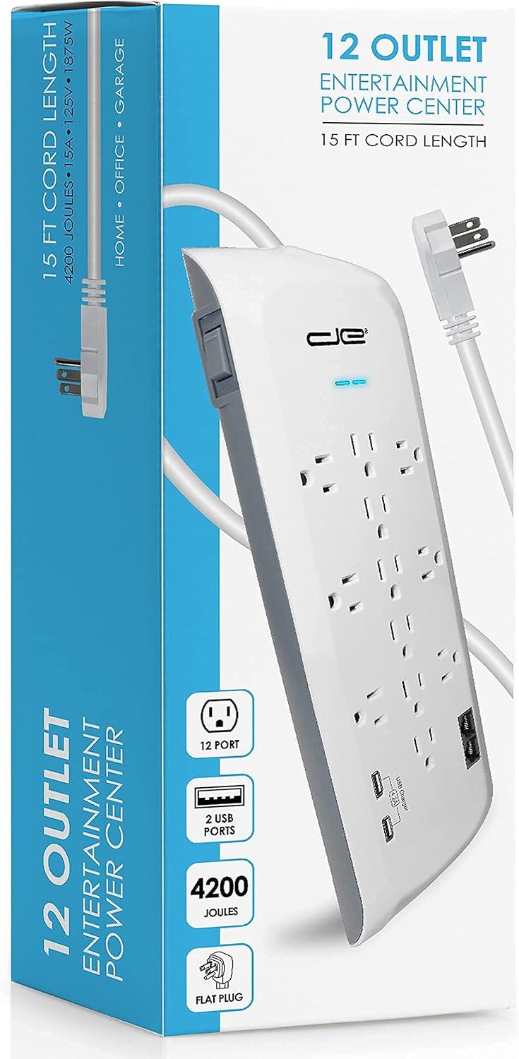 Digital Energy® 12-Outlet Surge Protector Power Strip with 2 USB Ports (6 Ft.) in White
