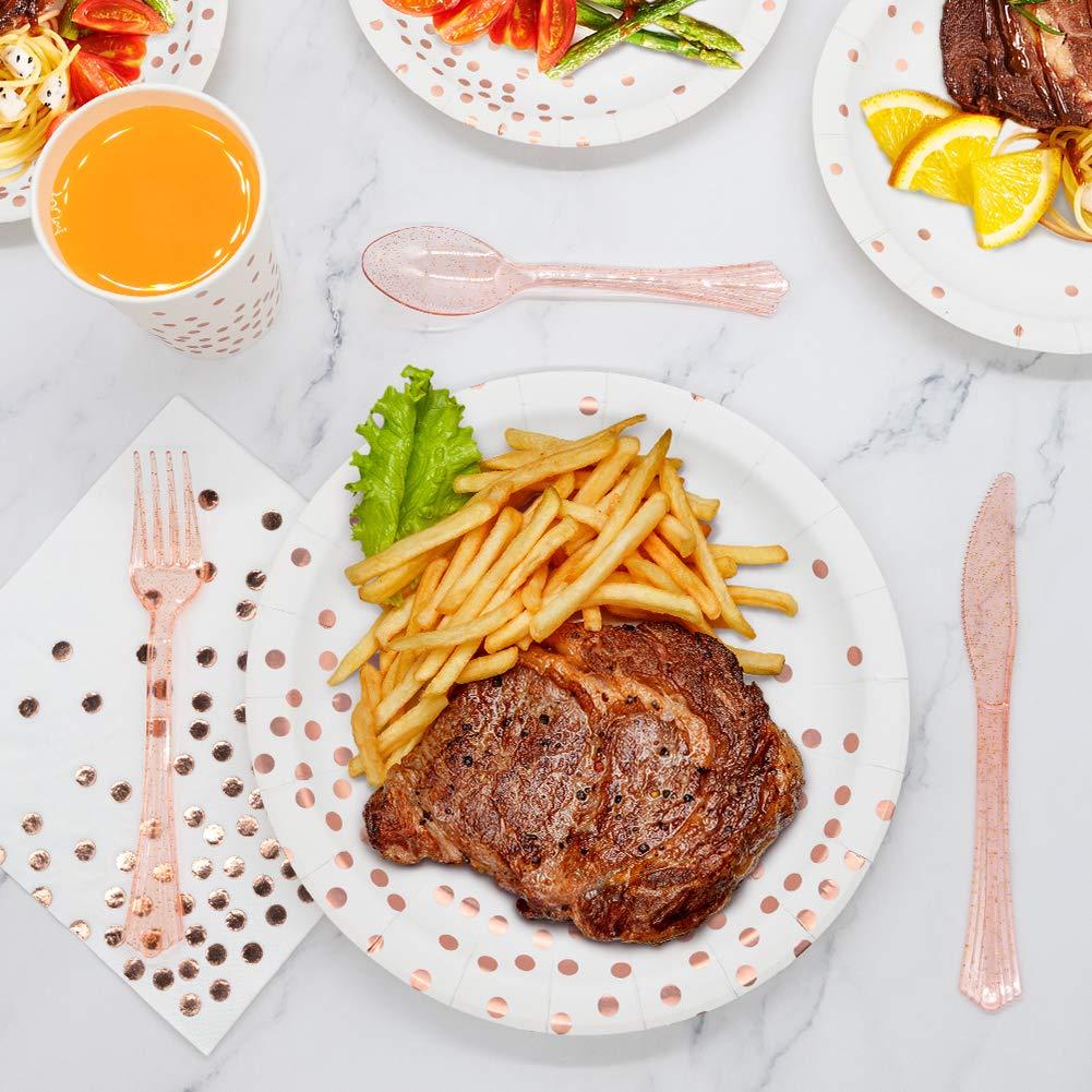 White & Rose Gold Party Supplies, 350PCS Disposable Dinnerware Set with Plates Napkins Cups Forks Knives Spoons for Girl Women Birthday Baby Bridal Shower Graduation Wedding Party Decoration