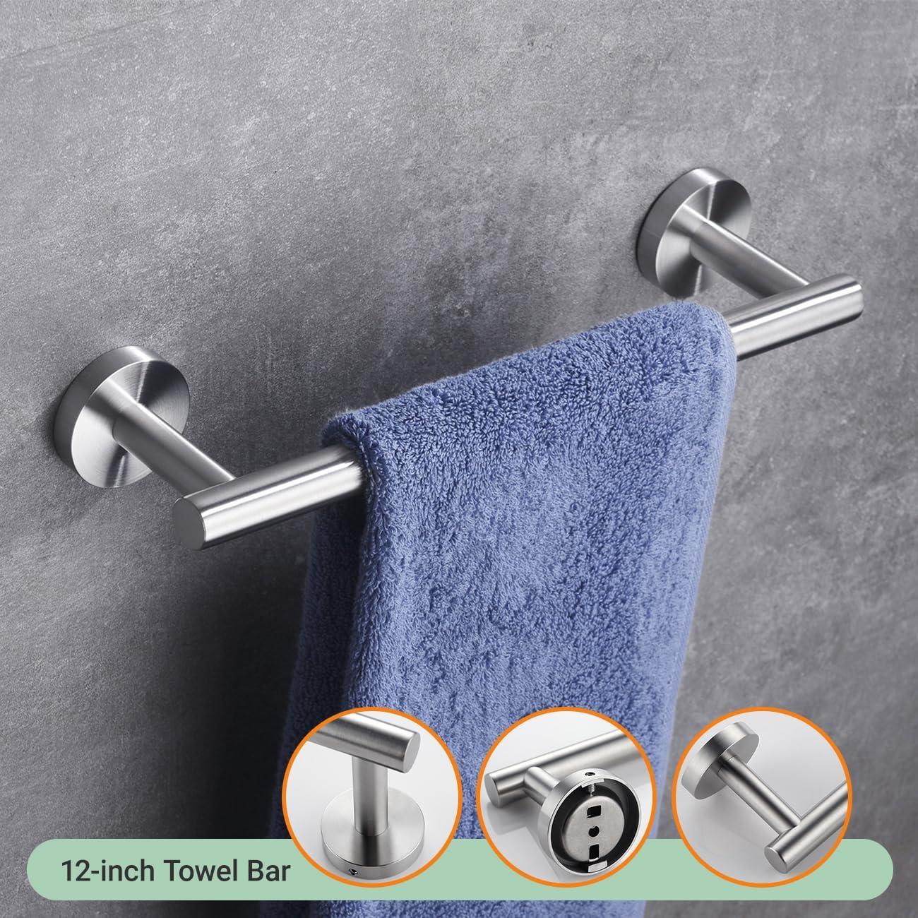 4-Piece Bathroom Accessories Set Brushed Stainless Steel Wall Mount - Includes Double Towel Bar, Hand Towel Rack, Toilet Paper Holder, Robe Hooks, BS100S4-BN