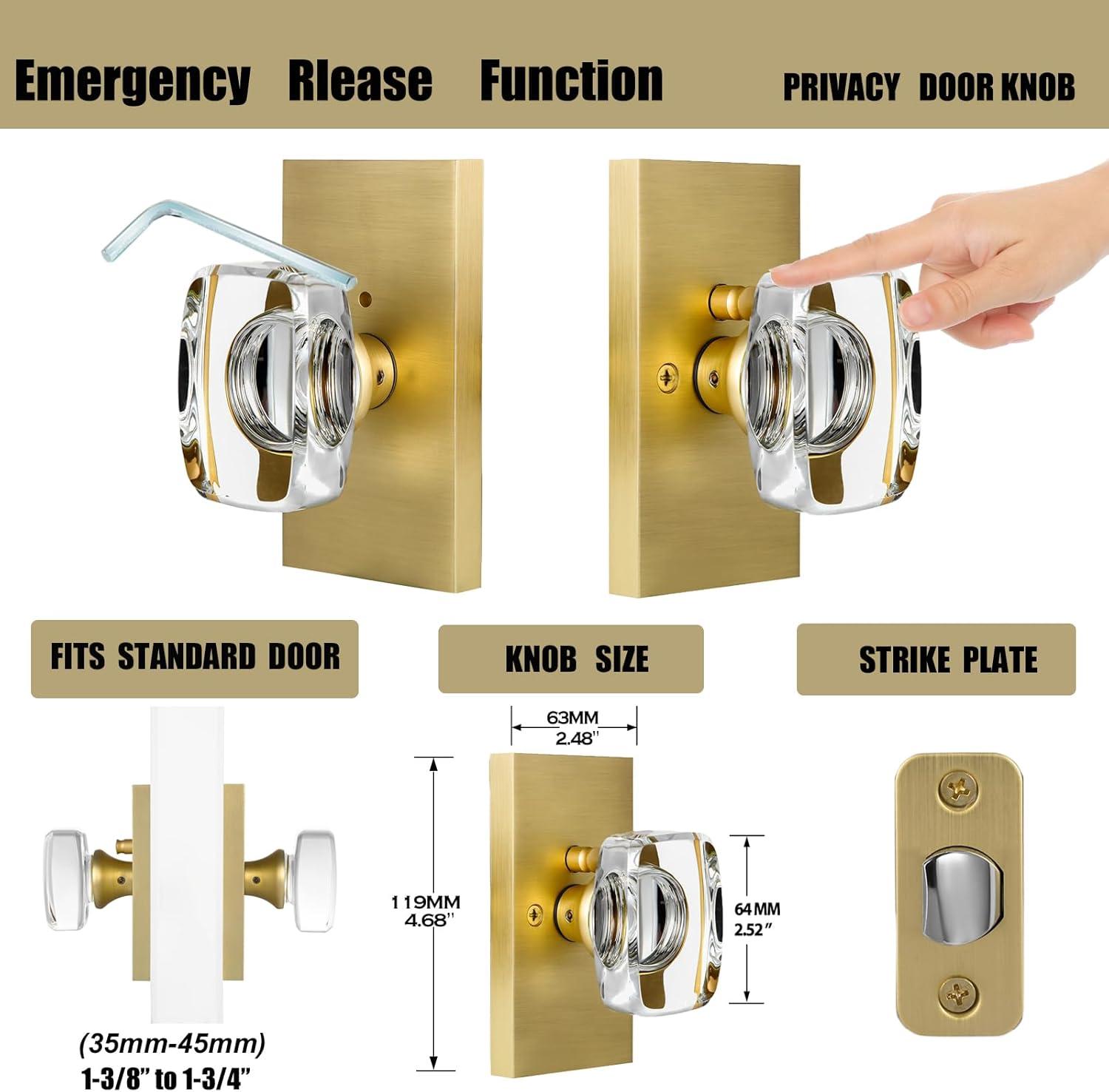 Clear Glass Crystal Door Knobs Interior,Octagon Gold Door Knob,Bathroom Bedroom Privacy Door Knobs with Lock,Satin Brass