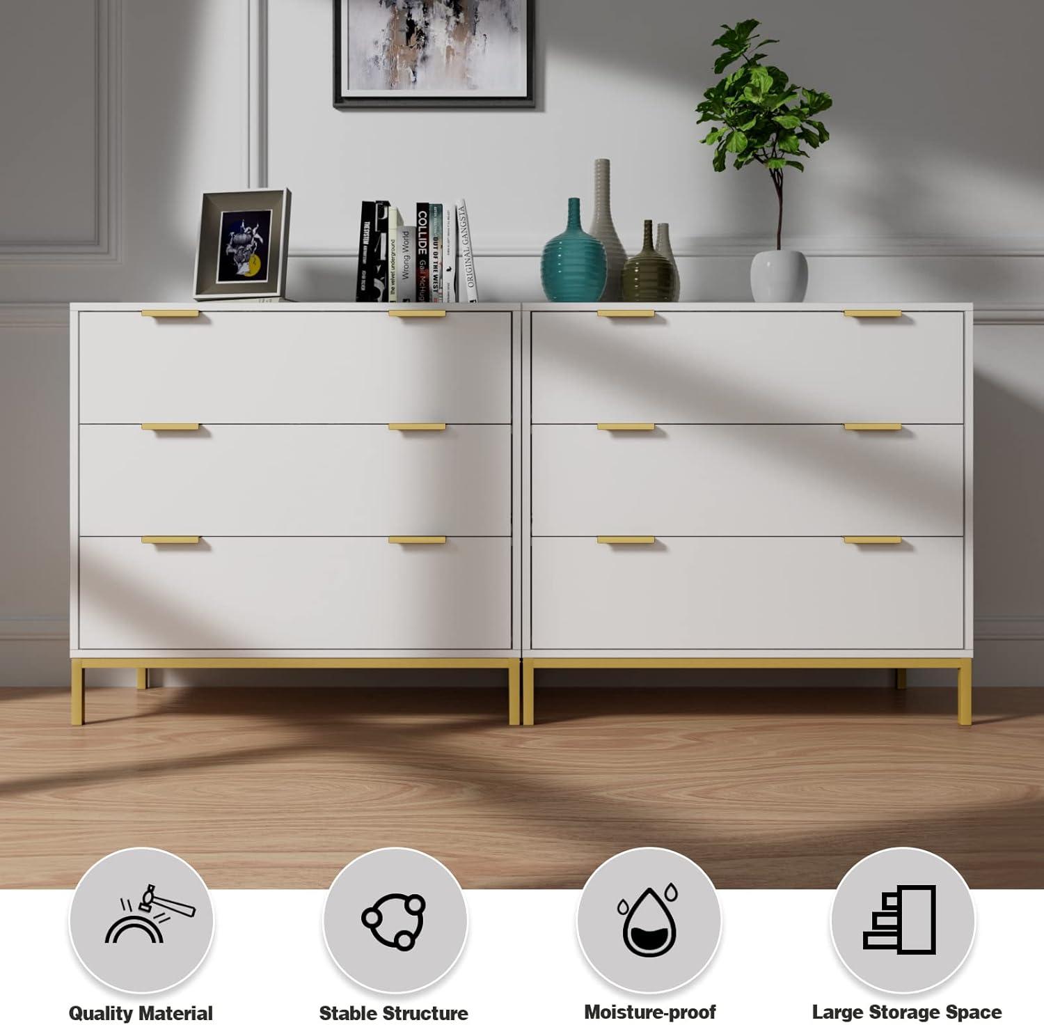 White MDF 3-Drawer Chest with Gold Accents