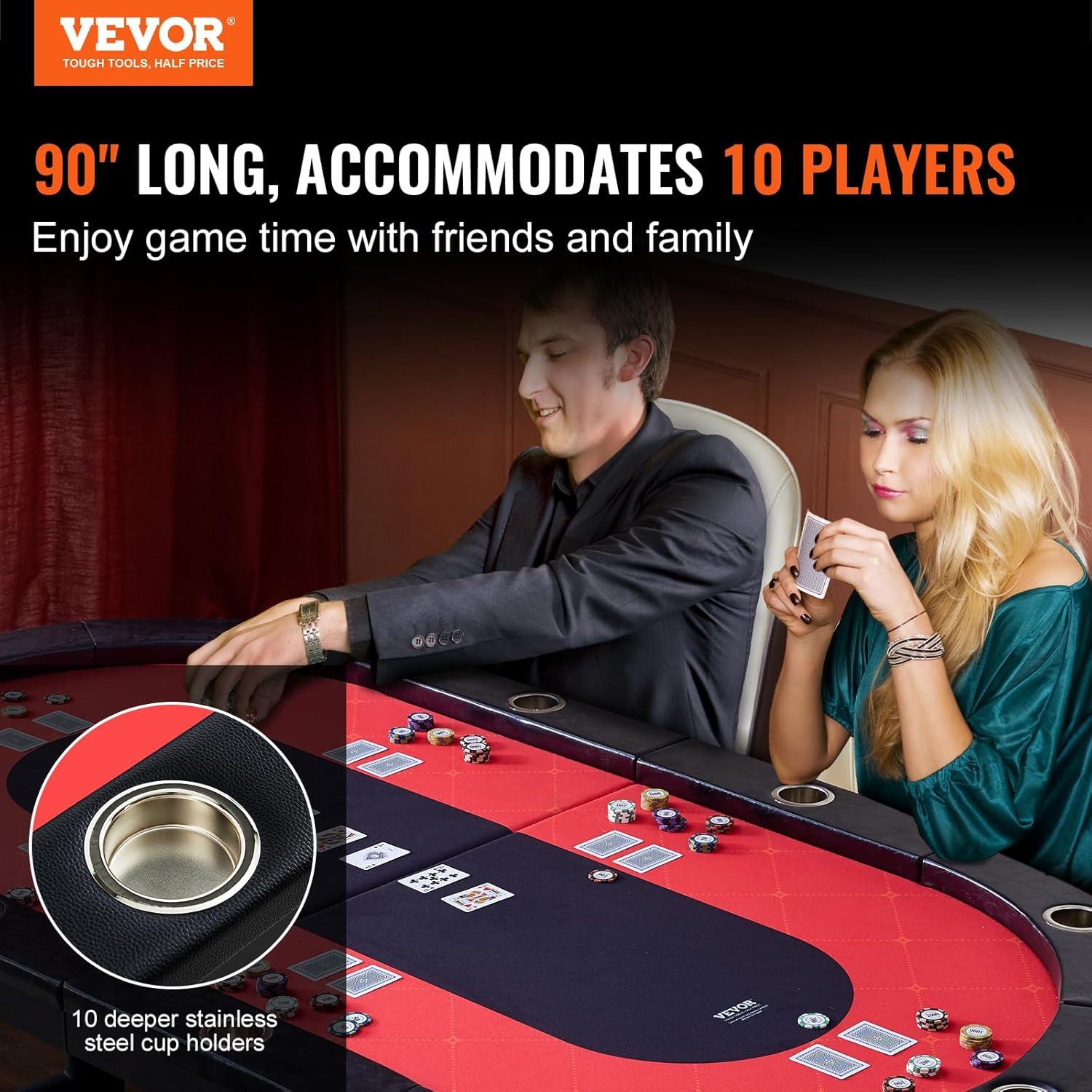 VEVOR 90.2'' 10 - Player Red Foldable Poker Table