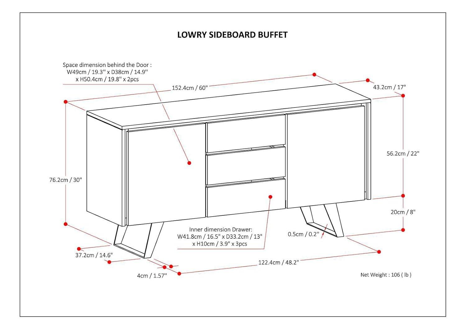 Simpli Home Lowry 60"W Solid Wood Modern Industrial 2-Door Sideboard Buffet with 3 Center Drawers