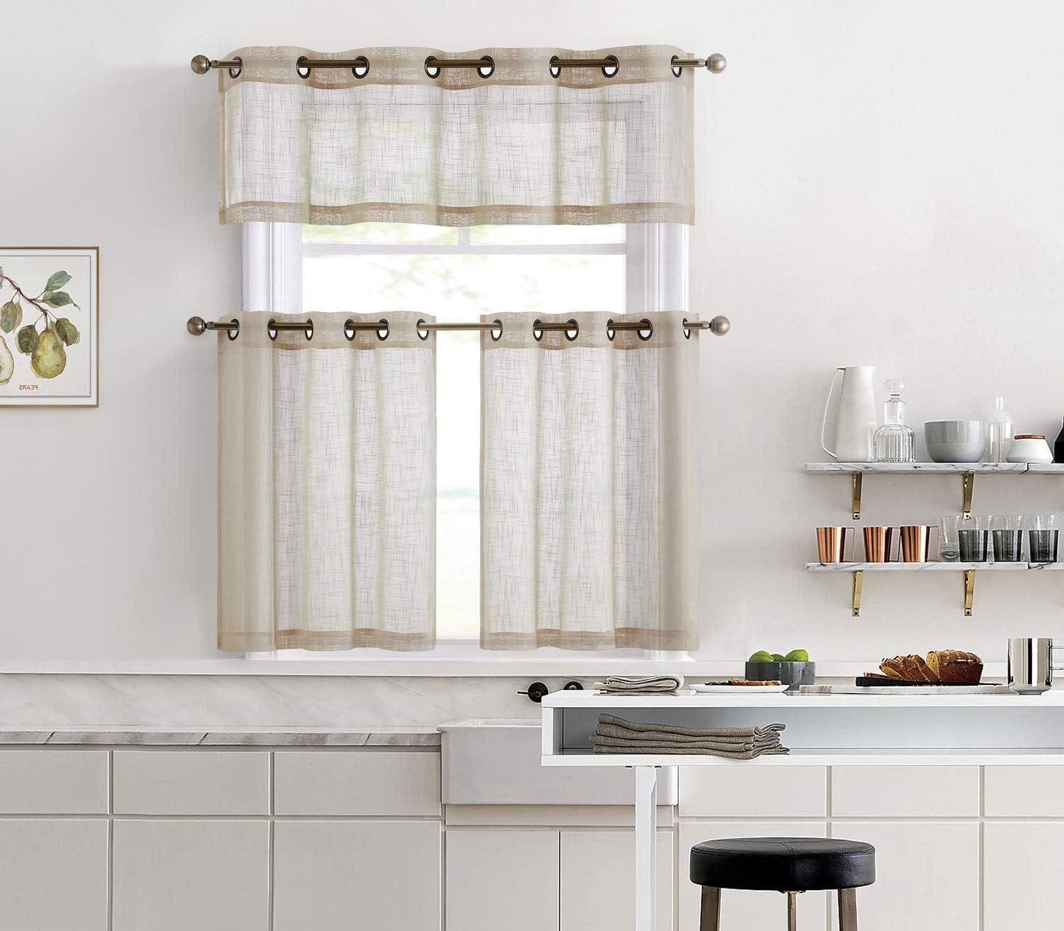 THD Serena Faux Linen Textured Semi Sheer Light Filtering Grommet Short Thick Cafe Curtain Tiers, Pair