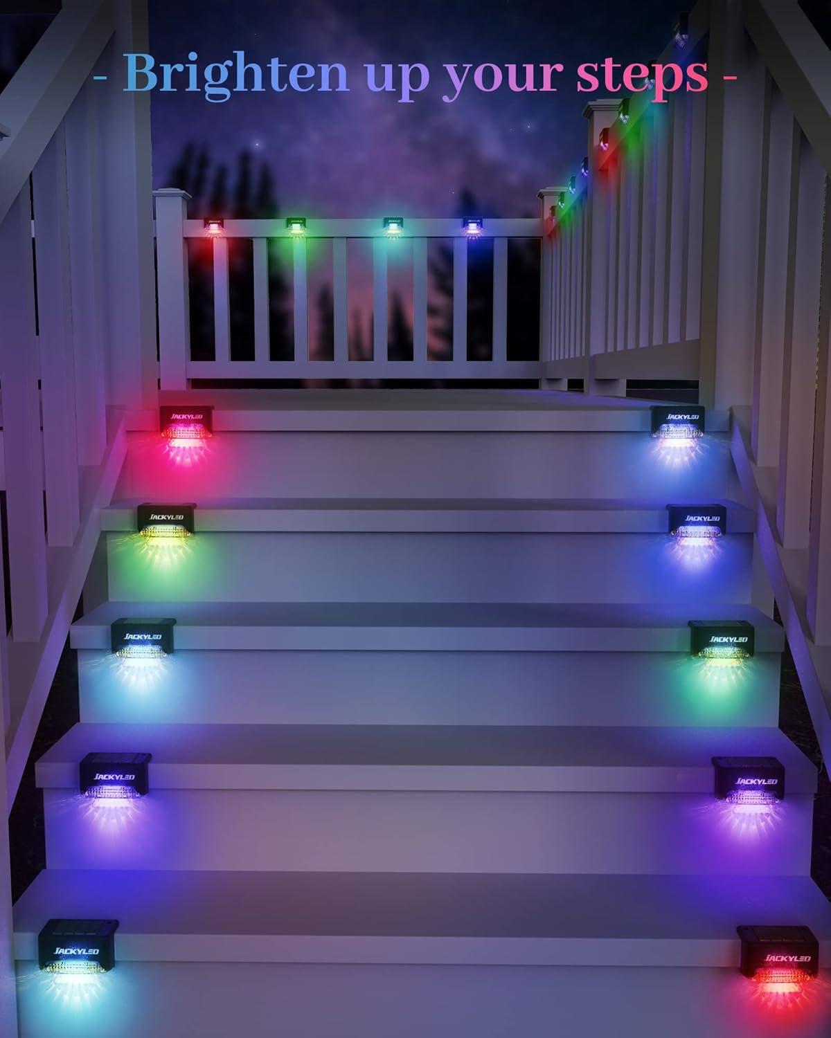 JACKYLED 16 Pack Deck Lights Solar Powered Color Changing, Outdoor Solar Fence Lights Waterproof LED Stair Lights for Patio Step Railing Wall Garden