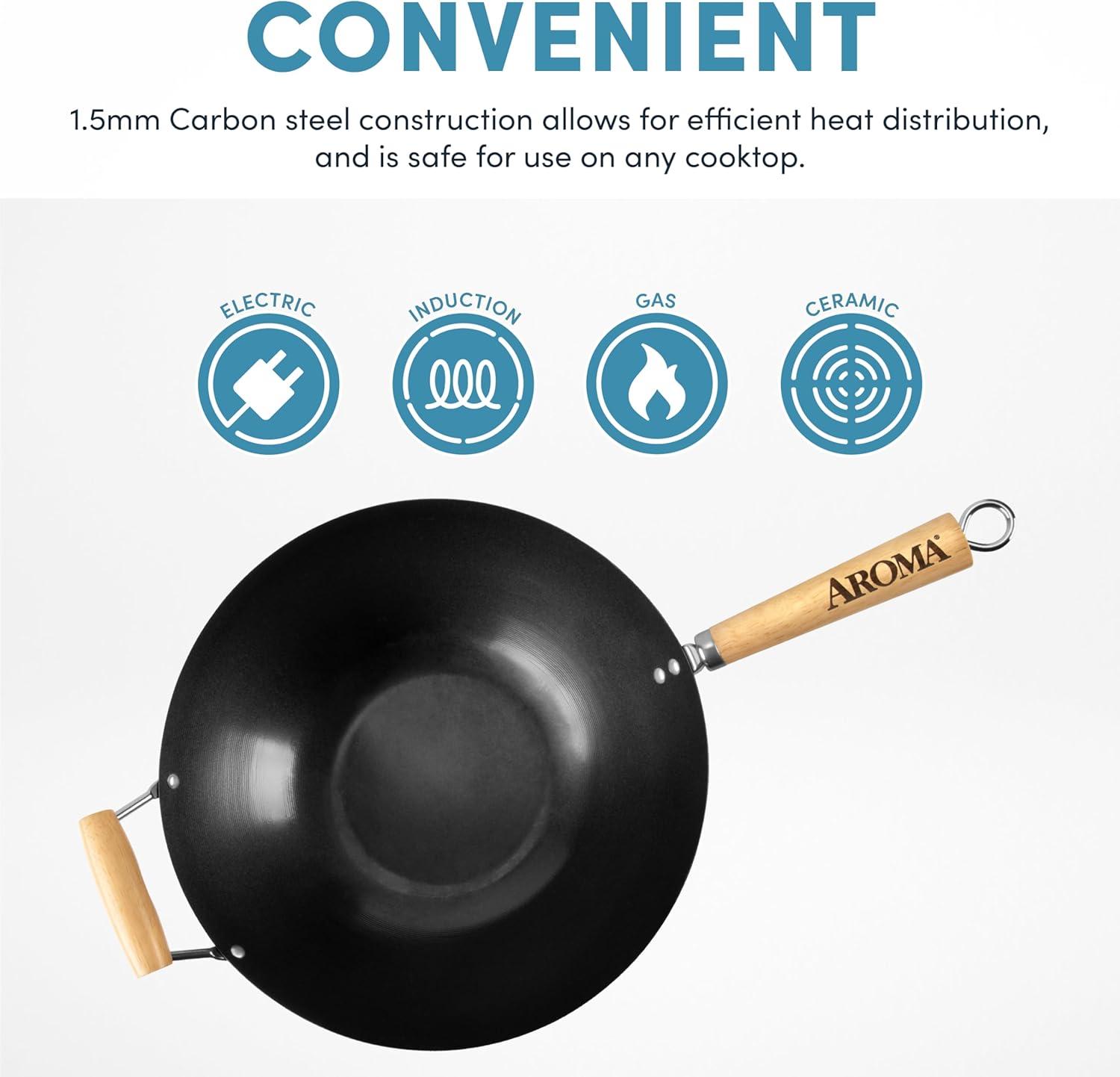 Aroma Housewares 14" Heavy Duty Carbon Steel Cookware (ANW-102) Non-Stick Wok, black