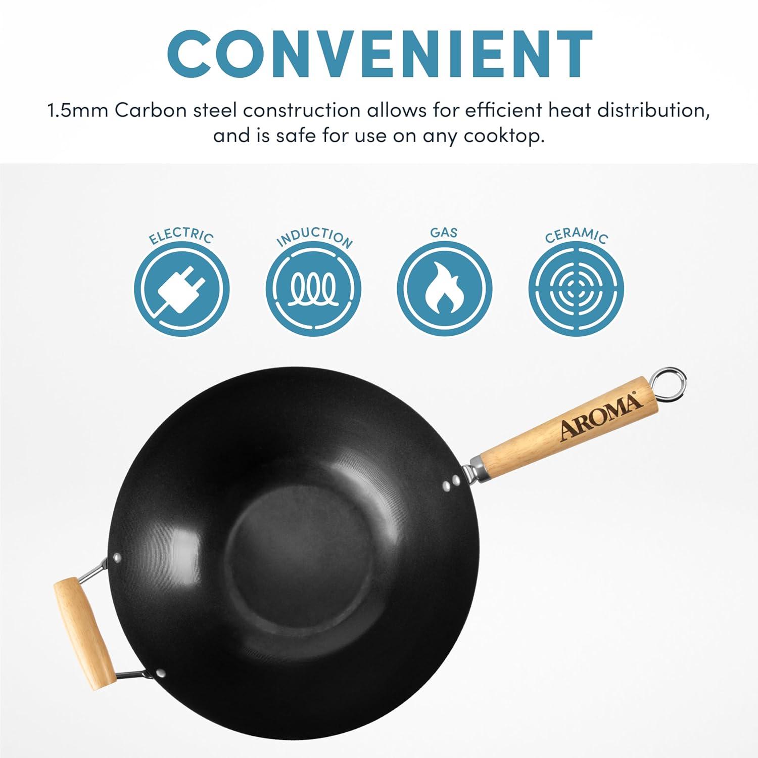 Aroma Housewares 14" Heavy Duty Carbon Steel Cookware (ANW-102) Non-Stick Wok, black