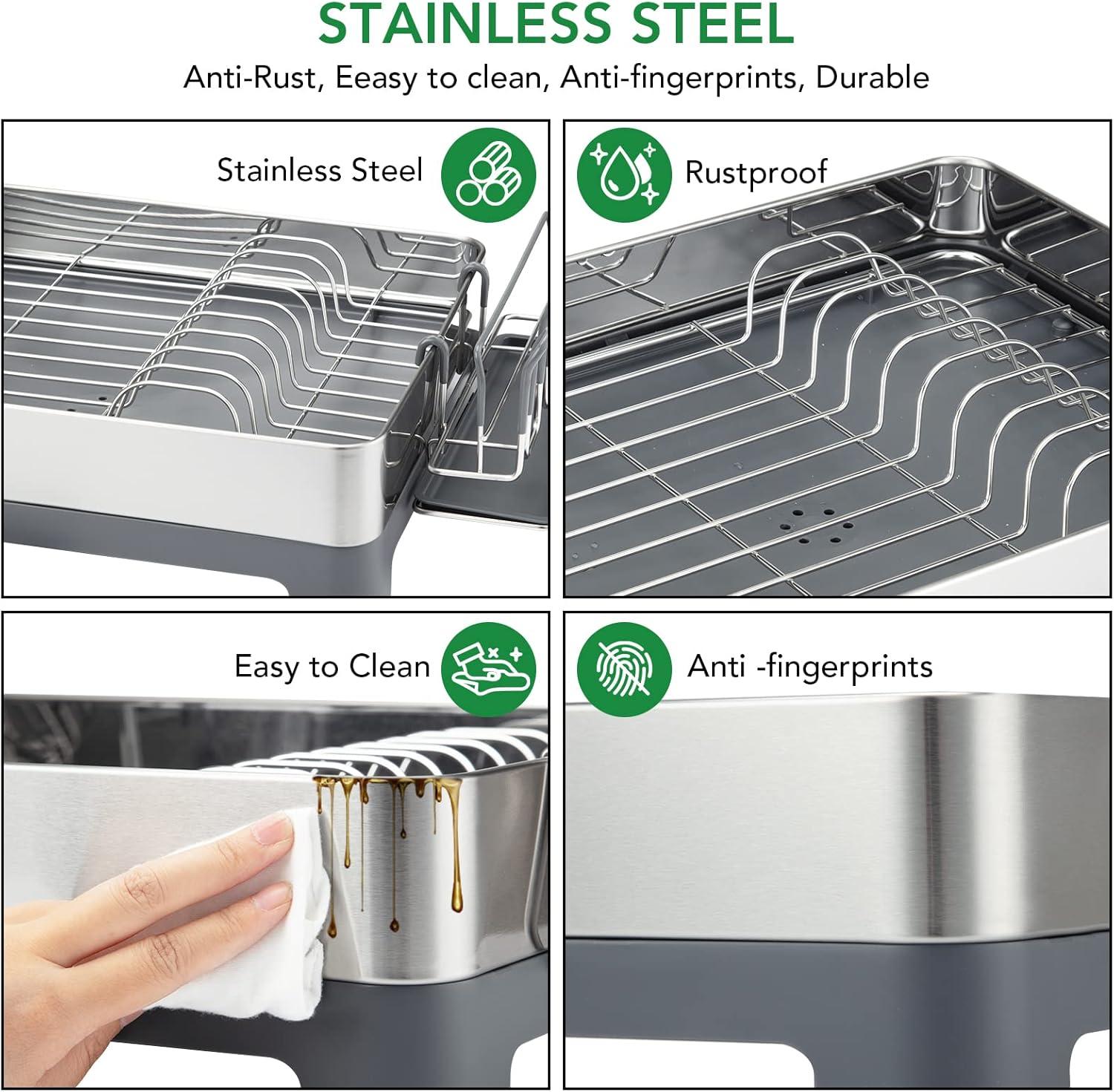 SAINSPEED Dish Drying Rack, Stainless Steel Dish Rack Drainers for Kitchen Counter with 360° Swivel Spout and Drainboard, Fingerprint-Proof Dish Drainers with Utensil Holder, Kitchen Sink Organizer