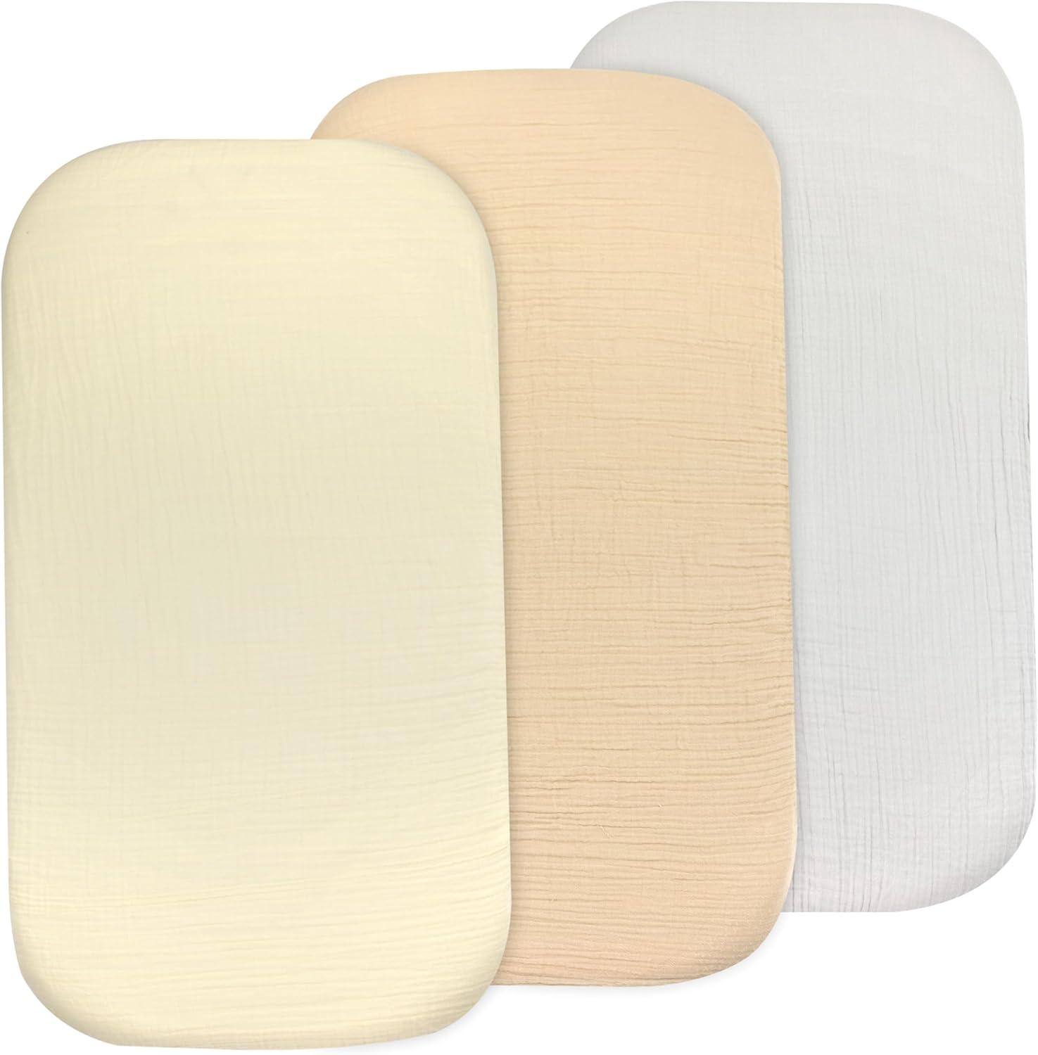 Bublo Baby Baby Muslin Bassinet Sheet Set, 3 Pack Organic Cotton Universal Fitted Bedding Cover for Oval, Hourglass & Rectangle Bassinet Mattress, Fitted Sheets Size 32 x 16 x 4 Inches