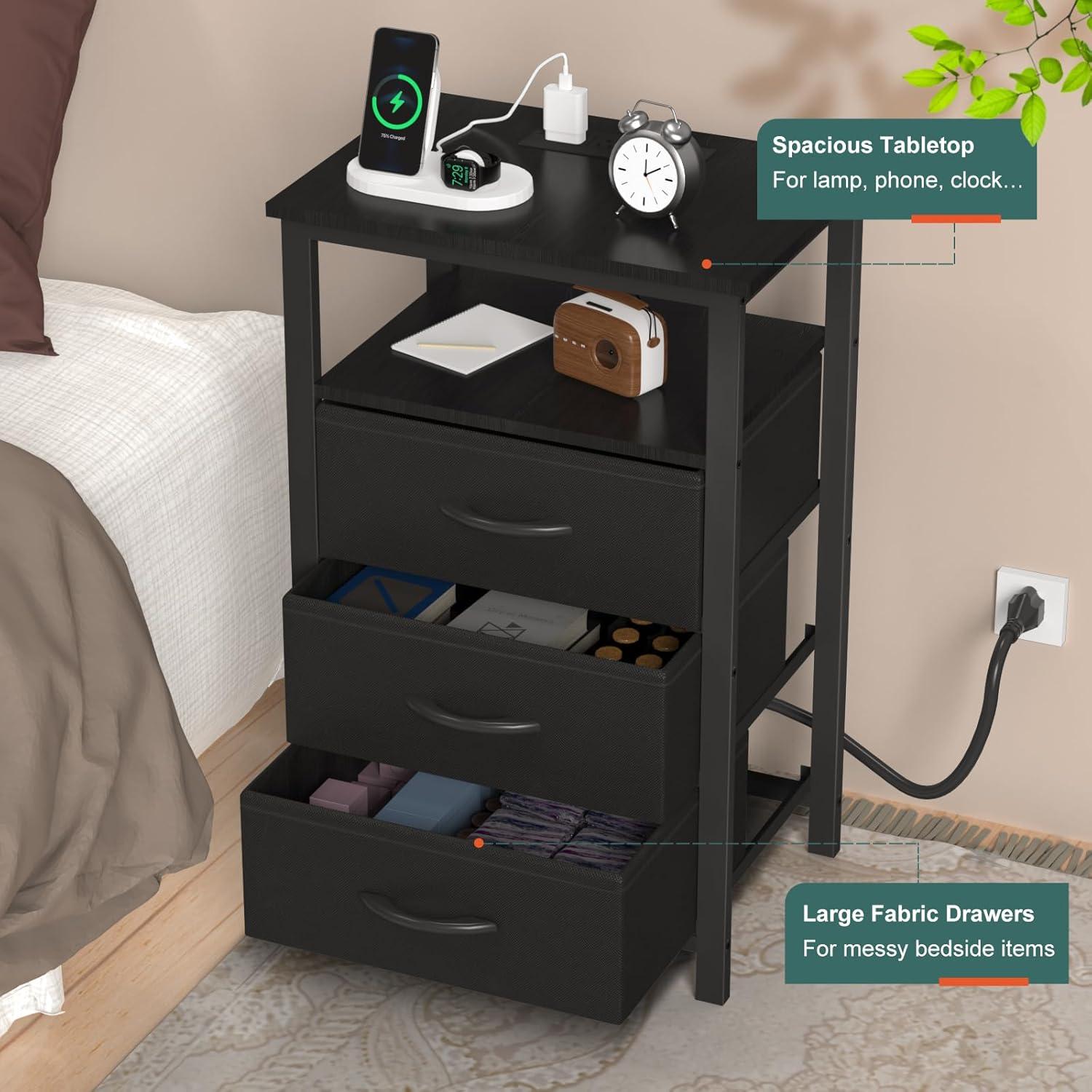 Bestco LED Nightstand End Table with Charging Station & 3 Drawers for Bedroom Black