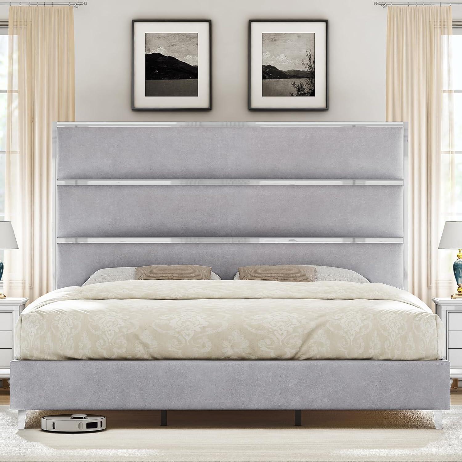 Queen Light Grey Velvet Upholstered Bed with Chrome Trim