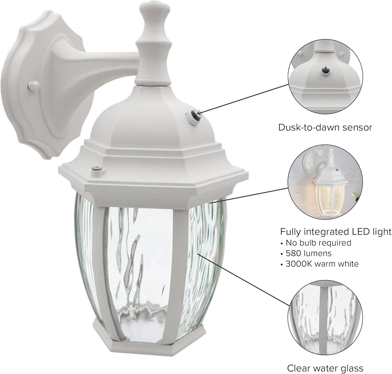 Maxxima LED Outdoor Wall Light, White w/ Clear Water Glass, Dusk to Dawn Sensor, 580 Lumens, 3000K Warm White